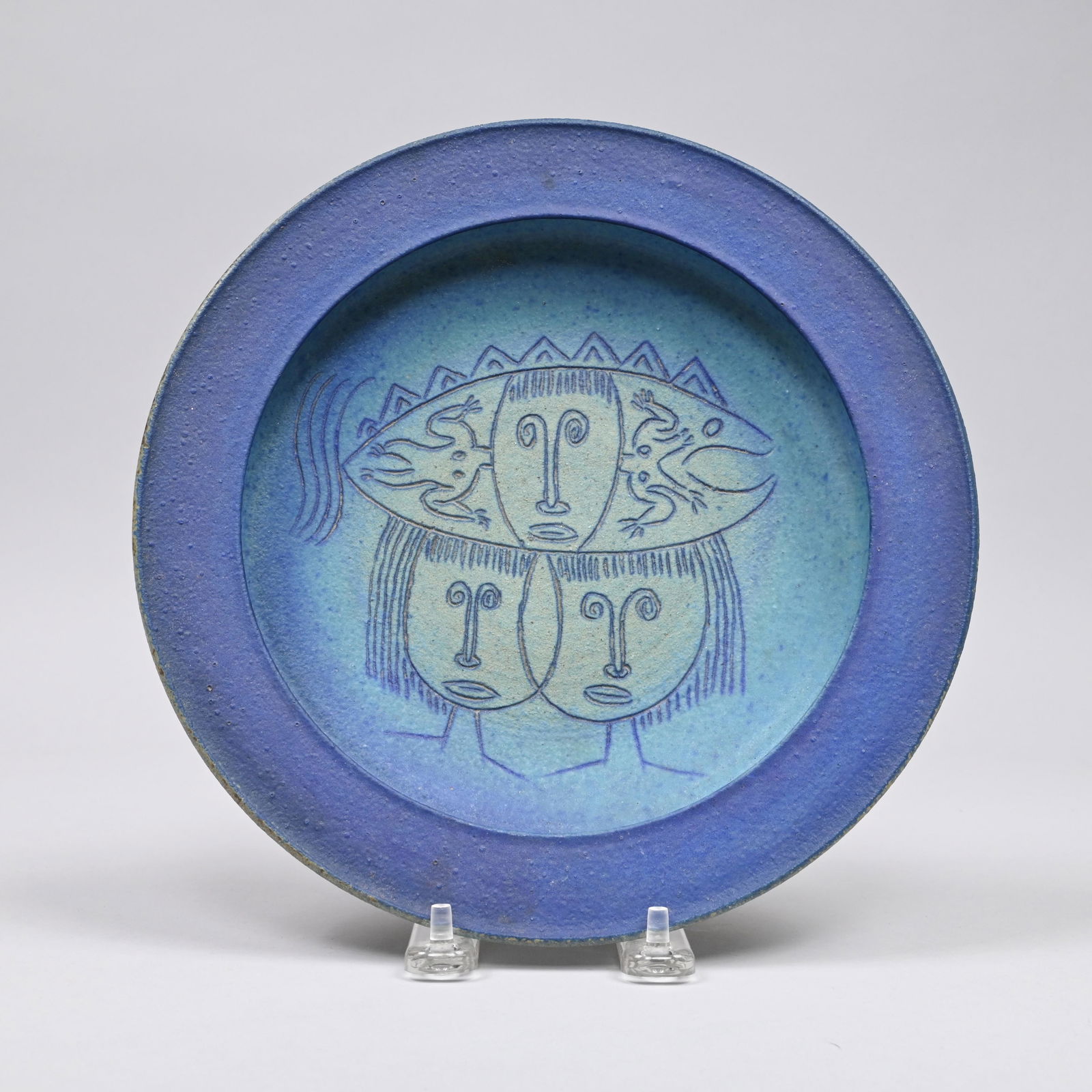 Edwin & Mary Scheier 'Shared Dream' Low Bowl: Edwin O. Scheier (1910-2008) and Mary Goldsmith Scheier (1908-2007), Durham, New Hampshire, 1960s. Incised with a male and female face, sharing a dream of an anthropomorphic figure within a fish, cove