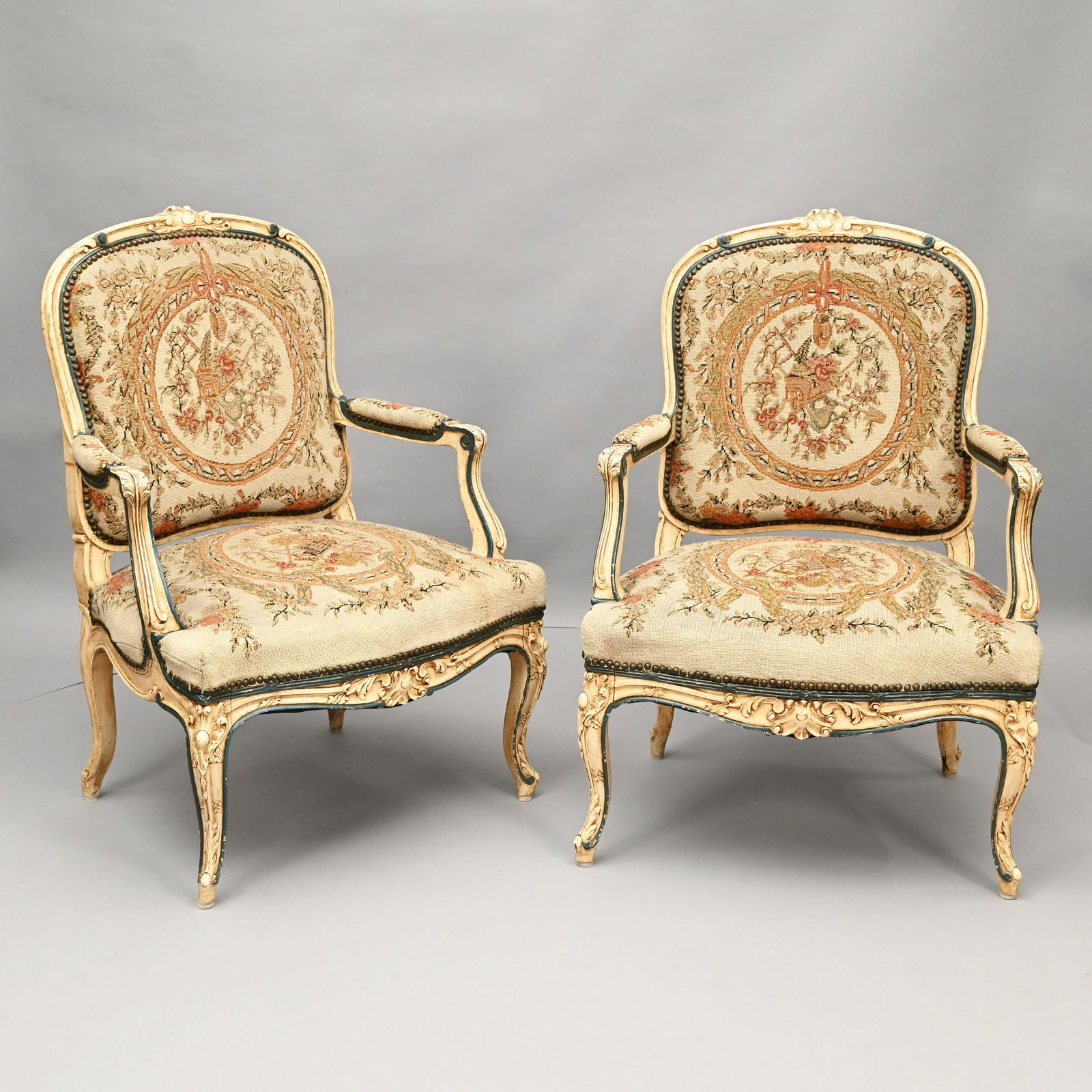 Pair of Louis XV Style Paint Decorated Fauteuils (1 of 9)