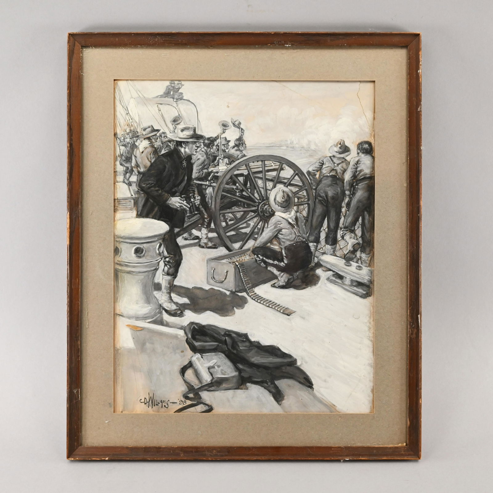 C. D. Williams - Manning the Shipboard Gatling Gun: Charles David Williams (American, 1874-1954) Gouache & ink (13.5 x 10.75 in, sight). H: 17.5 in., W: 14.5 in., D: 0.75 in.
