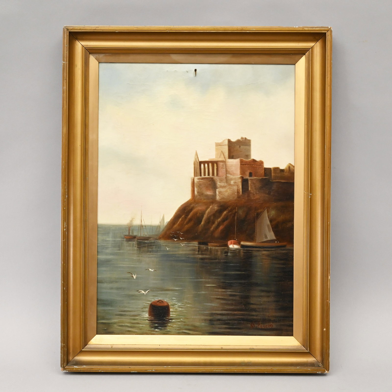 M. Pescod (British) - Cliffside Abbey: M. Pescod. Cliffside Abbey, nineteenth century, oil on canvas under glass, signed lower right "M. PescoD." (22 in. x 16 in.). Framer's label for "SIDNEY P. WINDER, 19 GREAT MOOR STREET, BOLTON." Frame