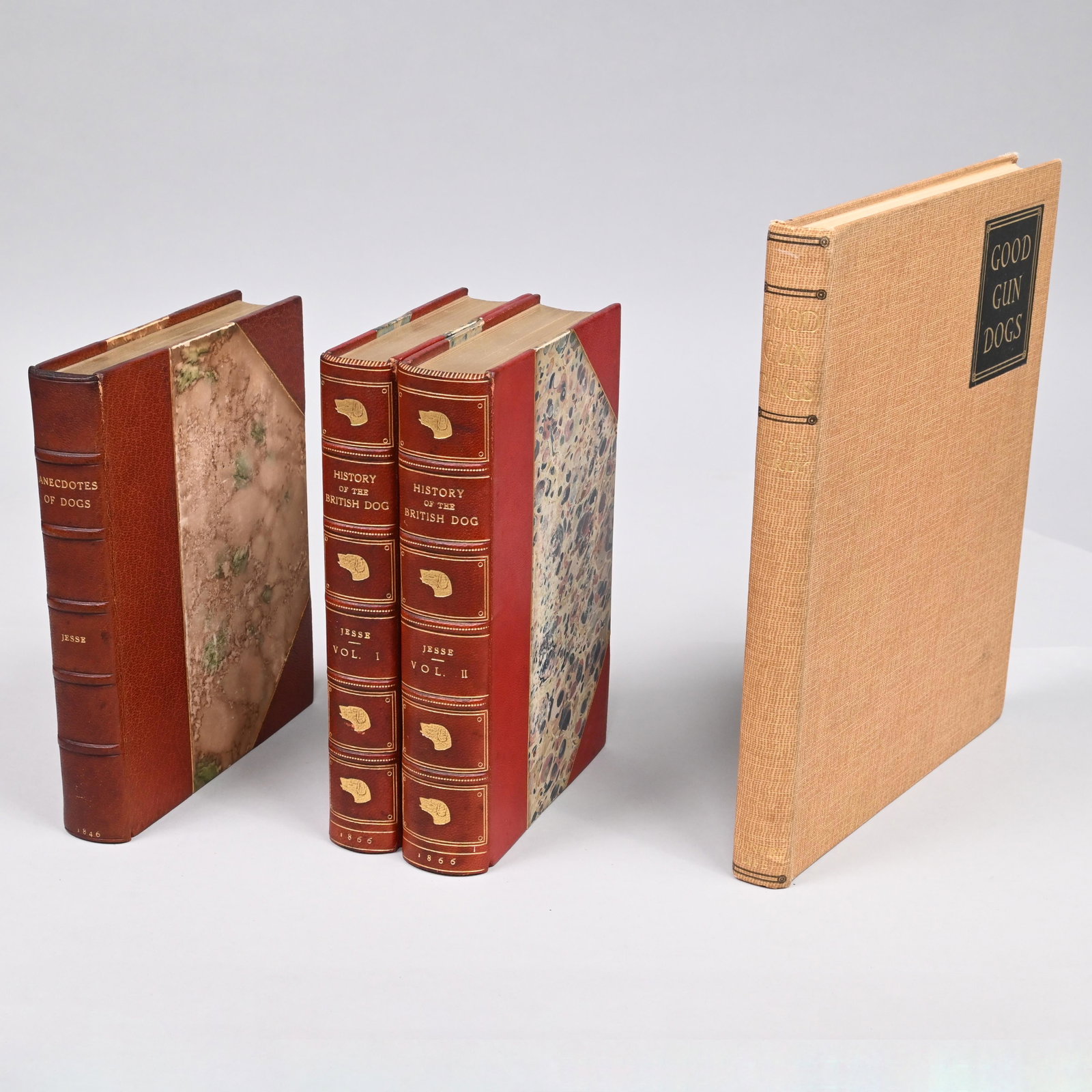 Four Books Pertaining to Dogs,19th Century: Edward Jesse, Esq., "Anecdotes of Dogs." London: Richard Bentley, 1846. Bound in three-quarter red leather over marbleized boards, marbleized endpapers, twenty full page steel engravings and numerous 