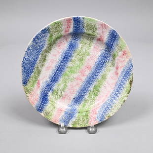 Staffordshire Rainbow Spatterware Plate,Circa 1830: Staffordshire Three-Color Rainbow Spatterware Plate, Circa 1830. Sponged in repeating green, blue and pink stripes. H: 1 in., W: 8.25 in., D: 8.25 in.