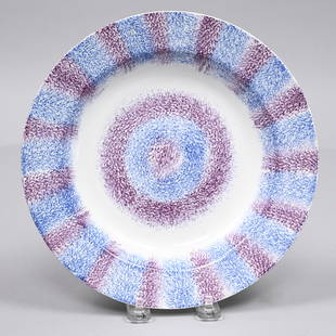 Staffordshire Two-Color Spatterware Soup Plate: Circa 1830. Sponged in the center in a concentric purple and blue bands, the rim with matching border. H: 1.375 in., Diam.: 9.5 in.