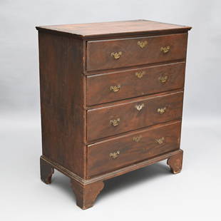 New England Queen Anne Grain Painted Pine Chest: The oblong top with applied molded edge above a case of four graduated long drawers, raised on a molded bracket base with bulbous returns. H: 44 in.; W: 37.5 in.; D: 21.5 in.