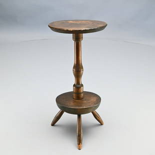 New England Pine & Birch Turned Candlestand: The circular pine top above a turned birch standard and turned birch slab base, raised on turned and tapered tripod legs. H: 23 in.; W: 11 in.; D: 11 in.