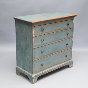 New England Pine Chippendale Chest in Blue Paint: The oblong top above an applied cove molding, over four graduated long drawers with carved cockbeading, above a molded base and arched apron, raised on bracket feet. H: 38.5 in.; W: 39 in.; D: 19 in.