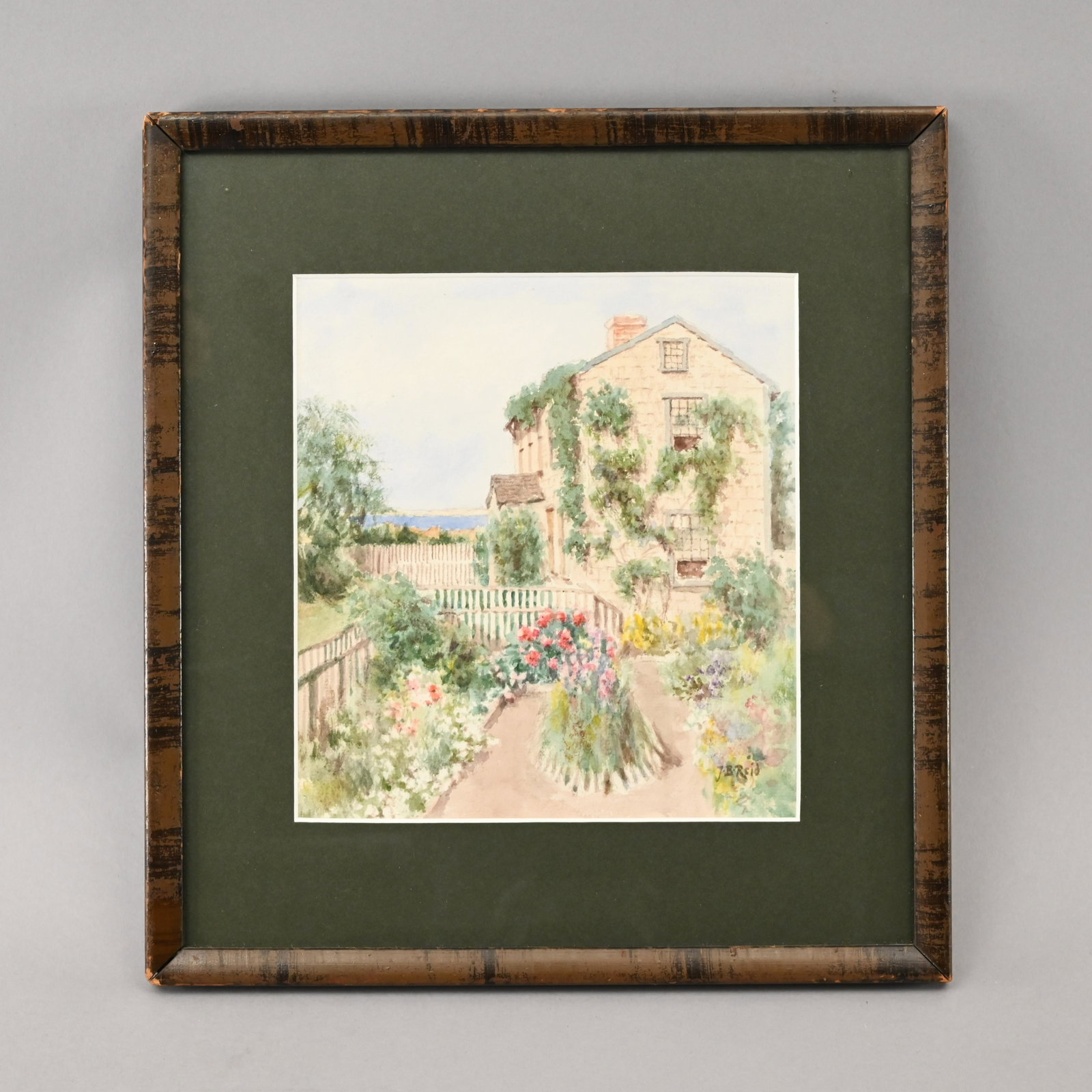 Jane Brewster Reid - Nantucket Garden: Jane Brewster Reid (American, 1862-1966) View of a Nantucket courtyard with flowers in bloom with a shingled home in the background, watercolor (7.5 x 7 inches). H: 12.25 in., W: 11.25 in., D: 0.5 in.
