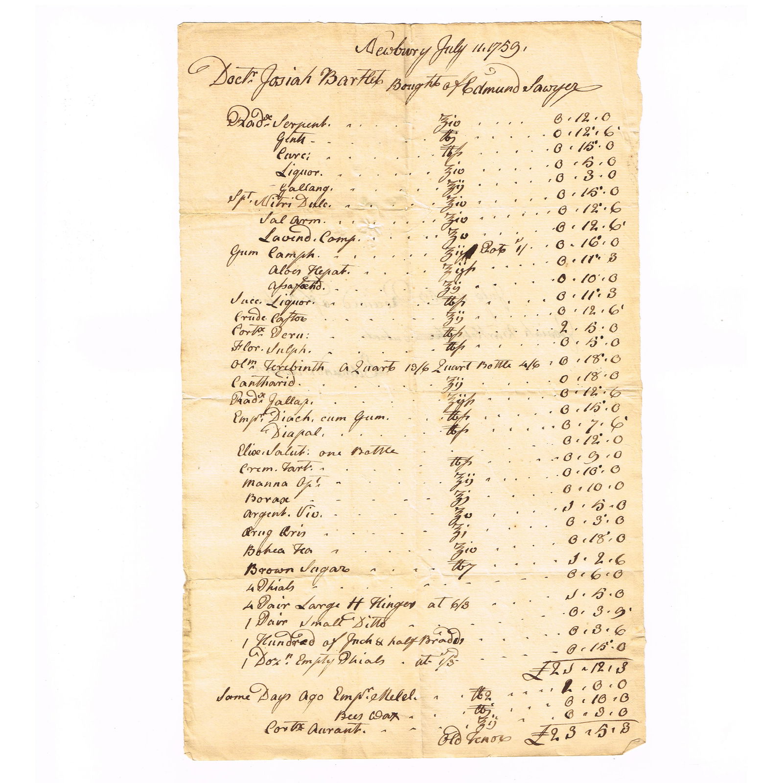 Josiah Bartlett's Payment Receipt, Newbury, 1759 (1 of 2)