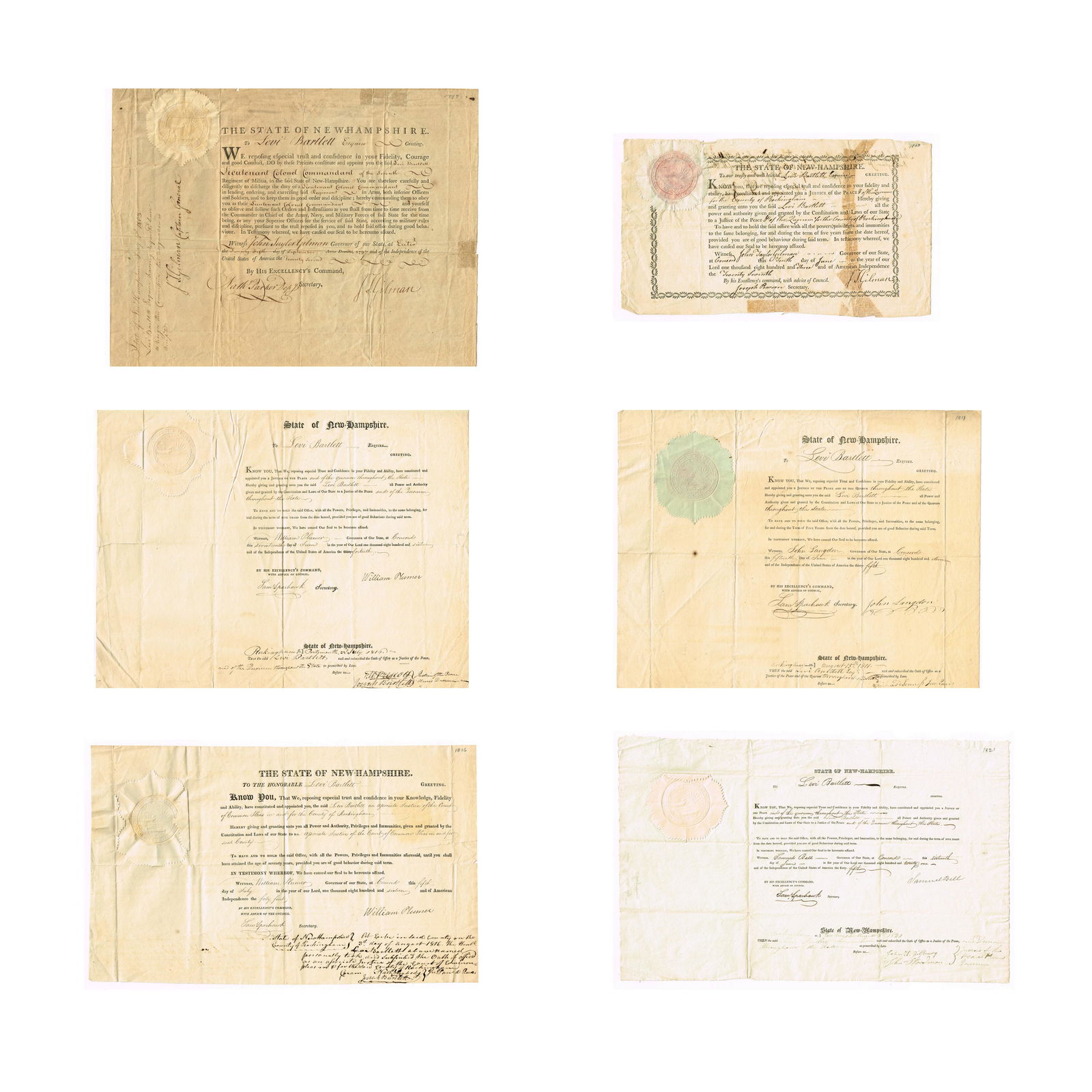 Six New Hampshire Appointments for Levi Bartlett: 1797-1821. Comprising an appointment to Lieutenant Colonel Commandant of the Seventh Regiment of Militia, signed by John Taylor Gilman, 1797, with a note on the side "State of New Hampshire Feby 4th 1