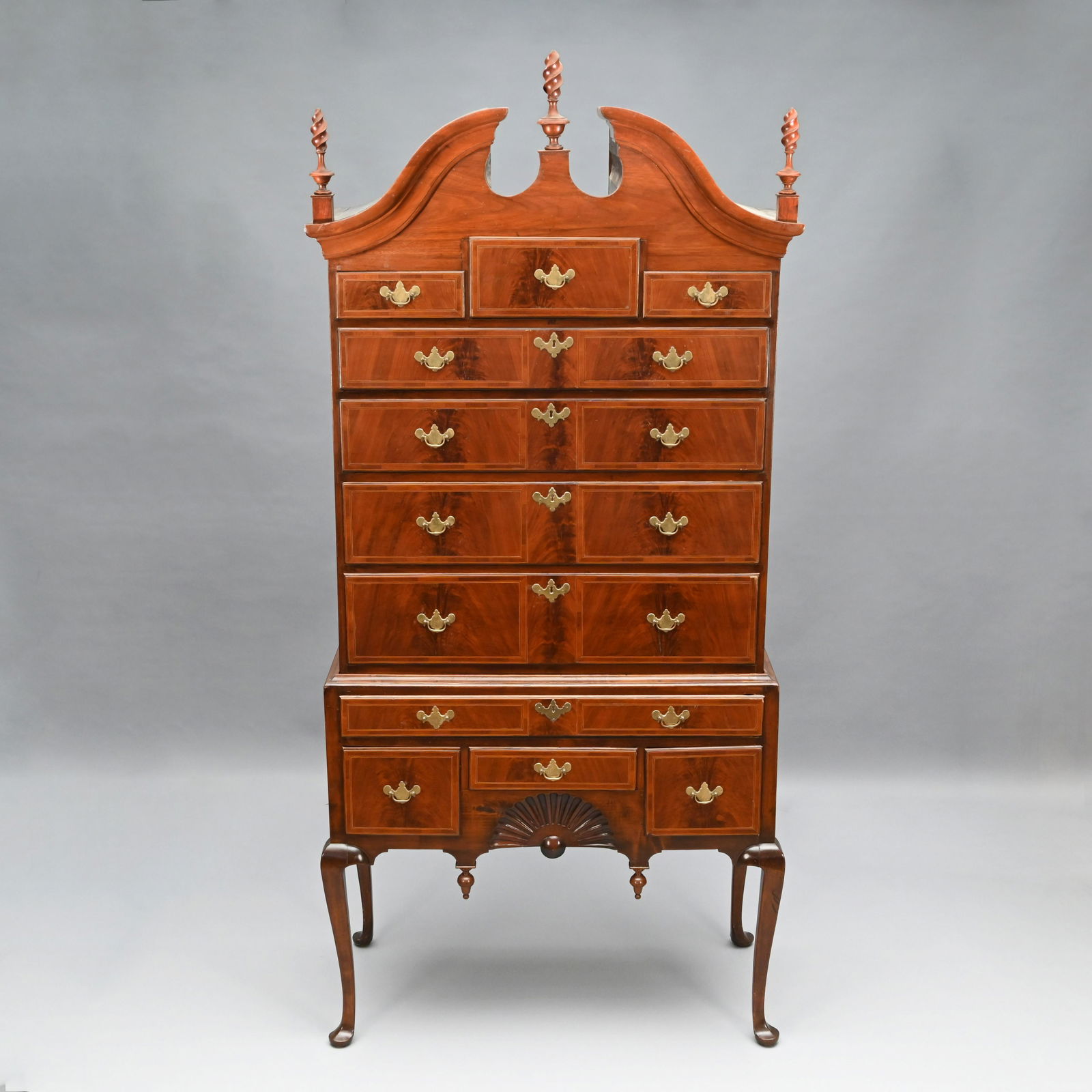 Chippendale Inlaid Mahogany Bonnet-Top Highboy (1 of 8)