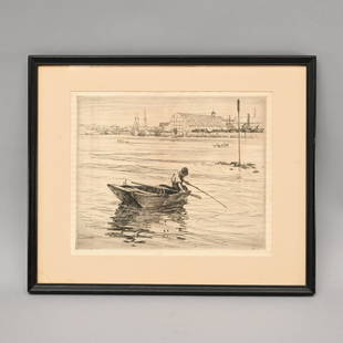 Charles H. Woodbury - Fishing (Portsmouth, NH): Charles Herbert Woodbury (American, 1864-1940) "Fishing" on the Piscataqua River (From the Portsmouth series) drypoint etching, (9.5 x 11.5 inches, sight). H: 13.5 in W: 16.25 in., D: 0.5 in.