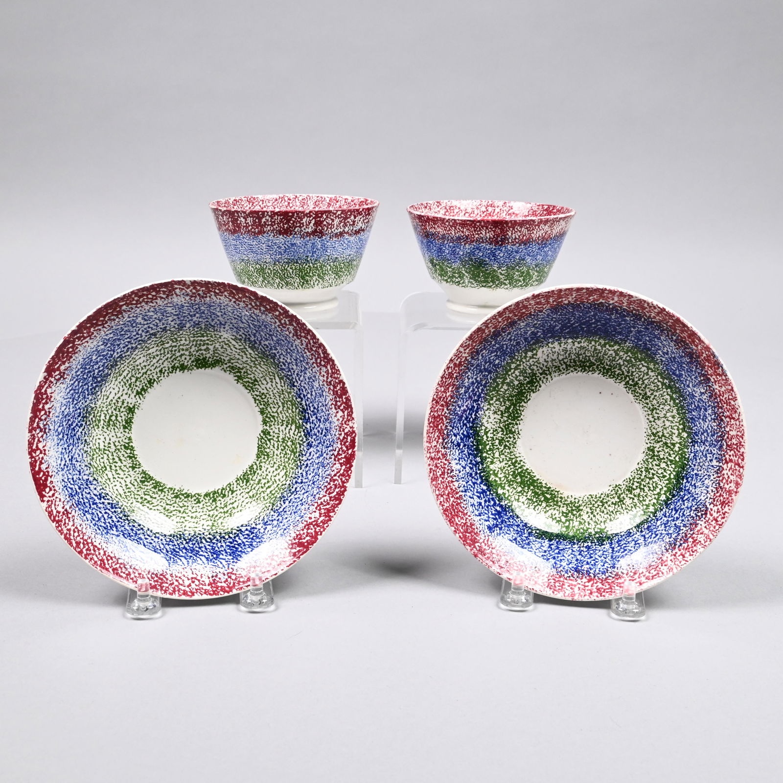 Pr. Staffordshire Rainbow Spatterware Cups/Saucers (1 of 5)