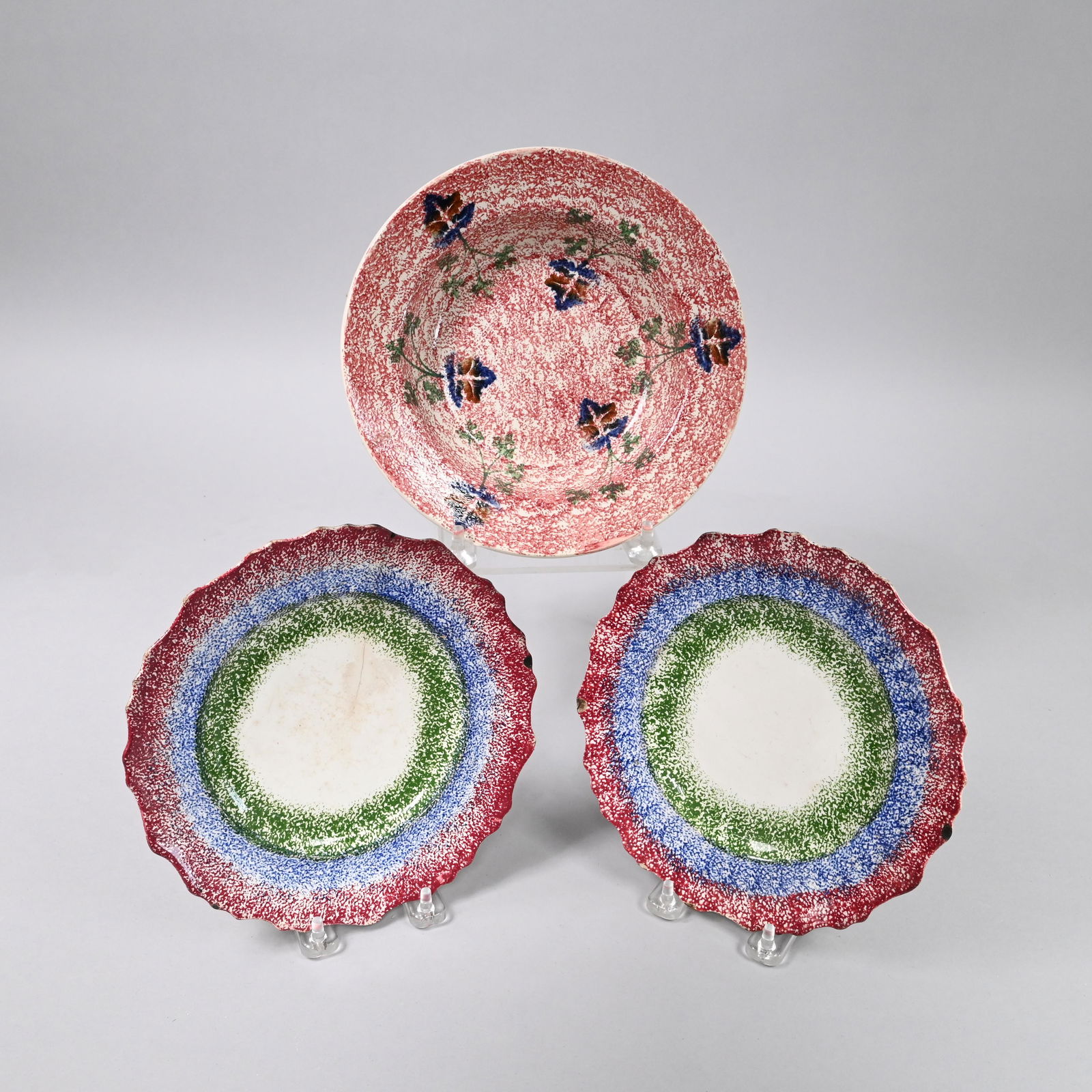 Pair of Adams Rainbow Spatterware Plates & Bowl (1 of 7)