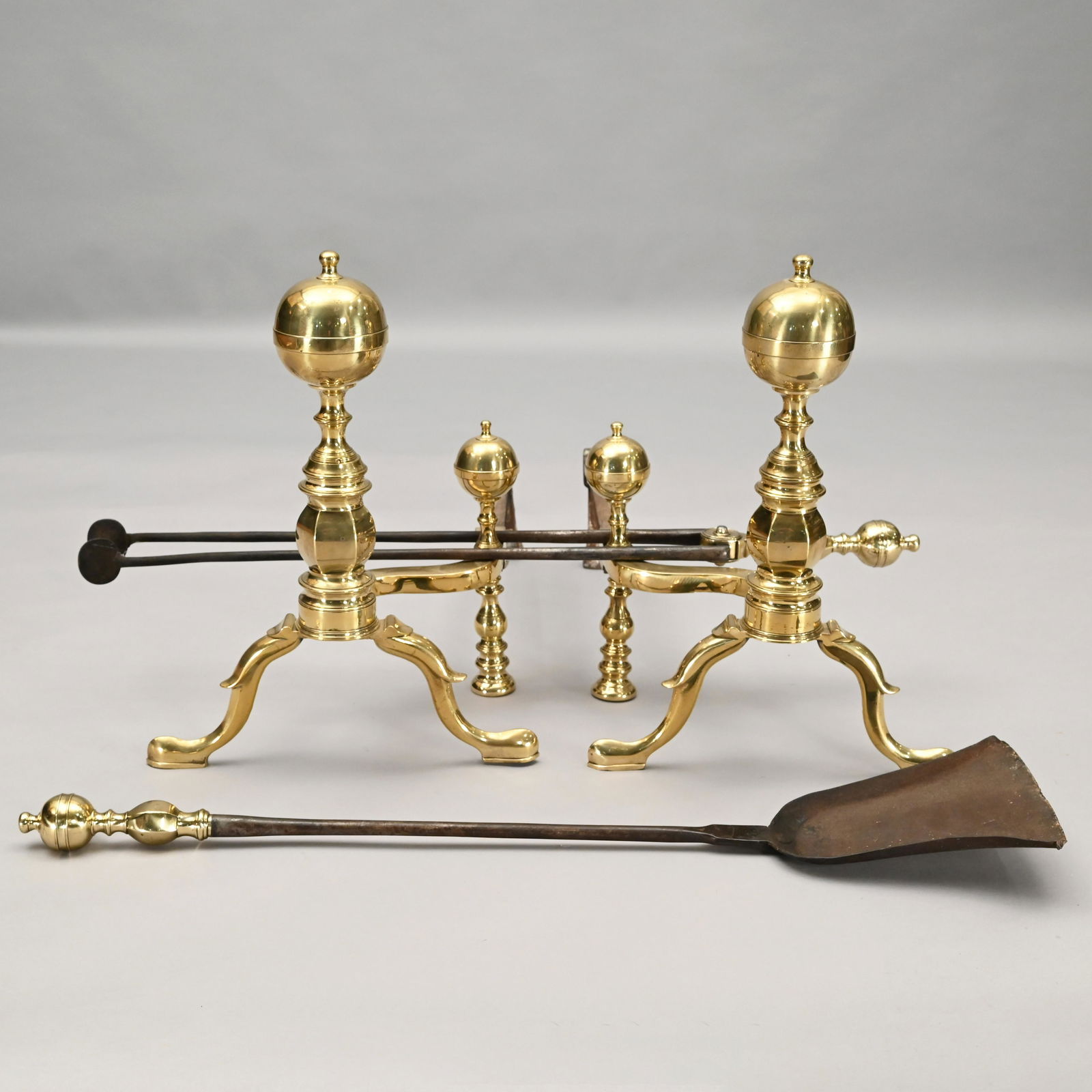 Pair of Boston Federal Brass Andirons & Tools (1 of 8)