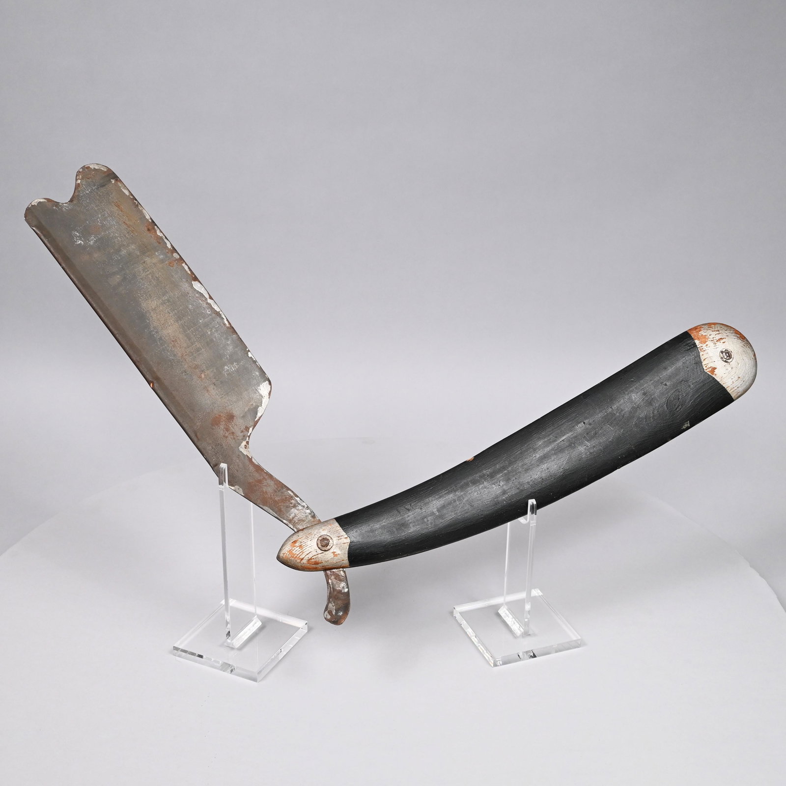 Folk Art Paint Decorated Pine and Tin Razor (1 of 3)