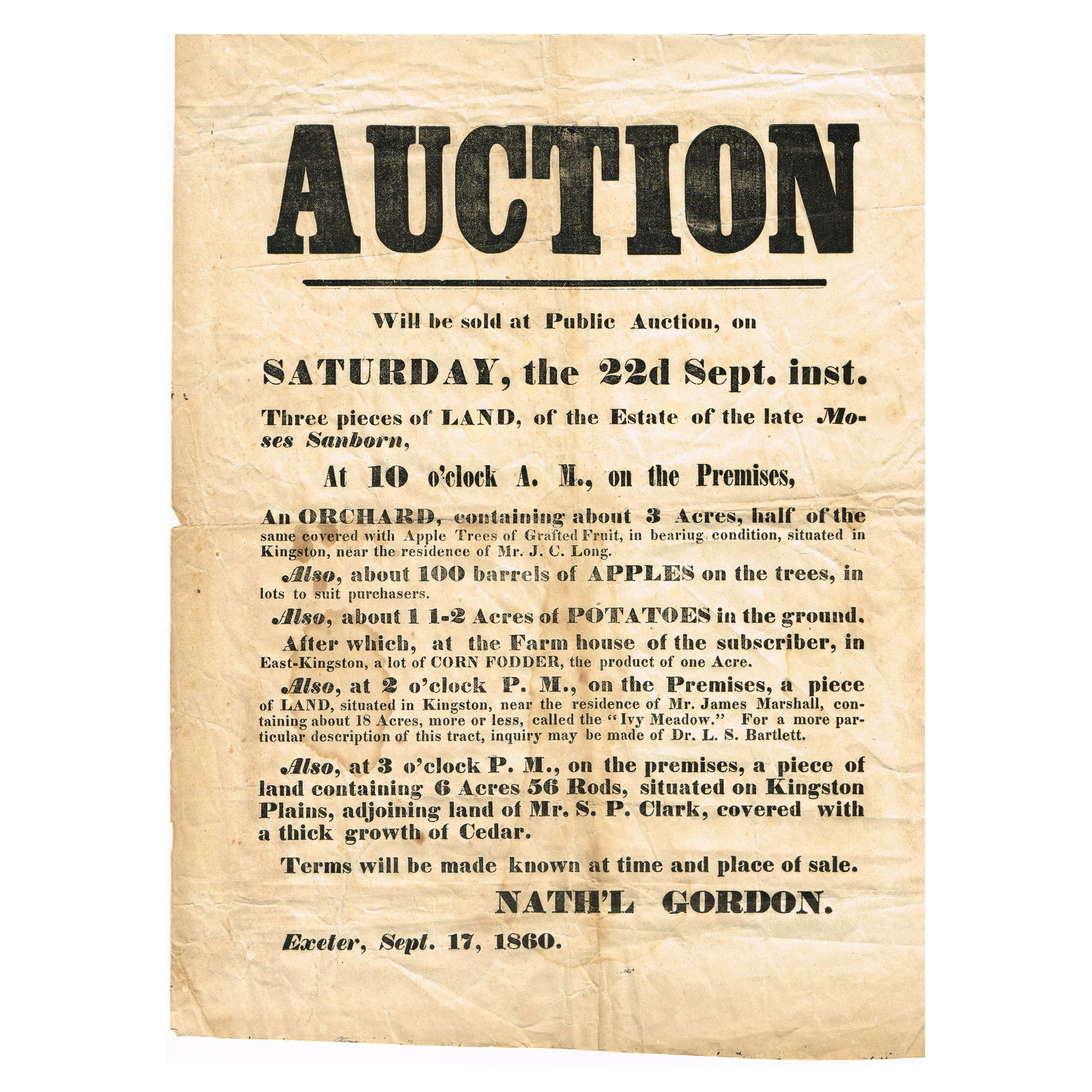 Auction Broadside, Exeter, New Hampshire, 1860 (1 of 1)