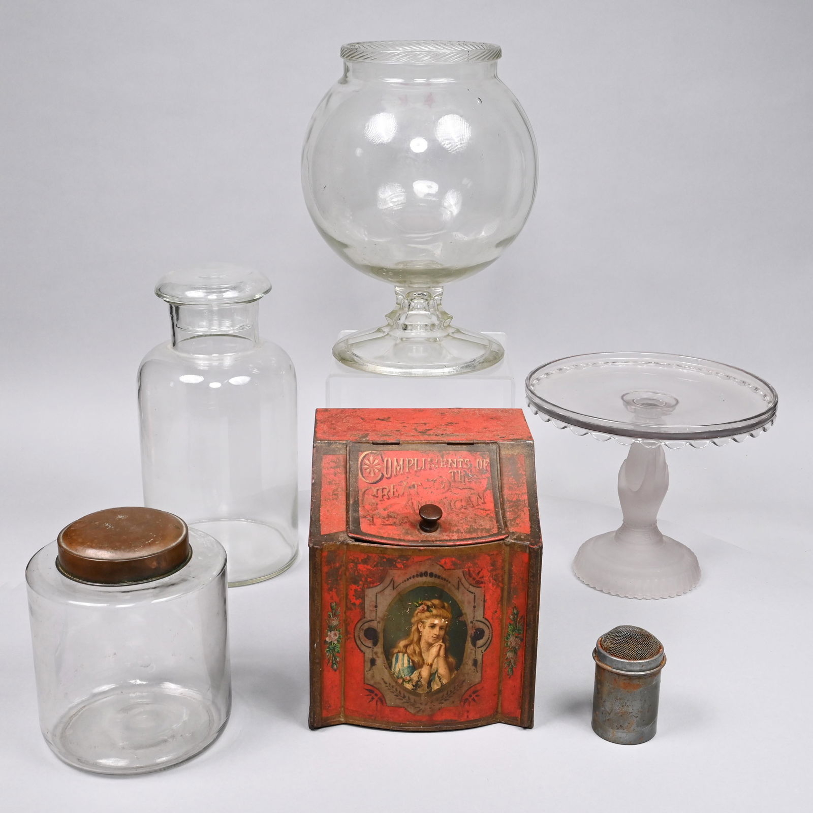 Six American Glass & Tin Drugstore Counter Items (1 of 20)