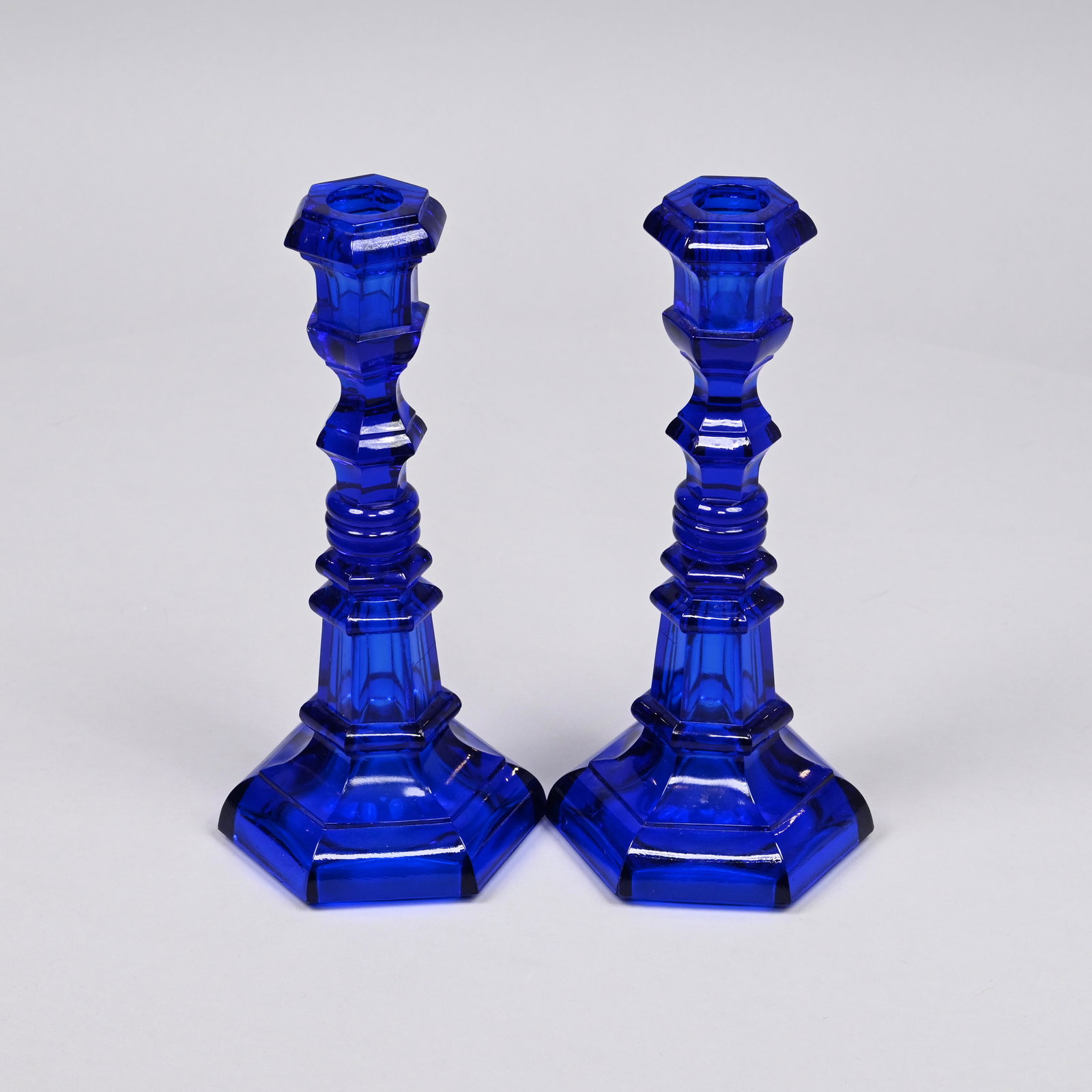 Pair of Cobalt Blue Pressed Glass Candlesticks (1 of 10)