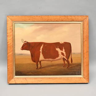 American Folk Art Portrait of a Hereford Bull: Nineteenth Century. Signed on the reverse "Joe Jones 186(2) or (7) in black paint (16.125 in. x 20 in); housed in a period birdseye maple frame.Frame: H: 19.125 in. W: 23.125 in., D: 1.375 in.