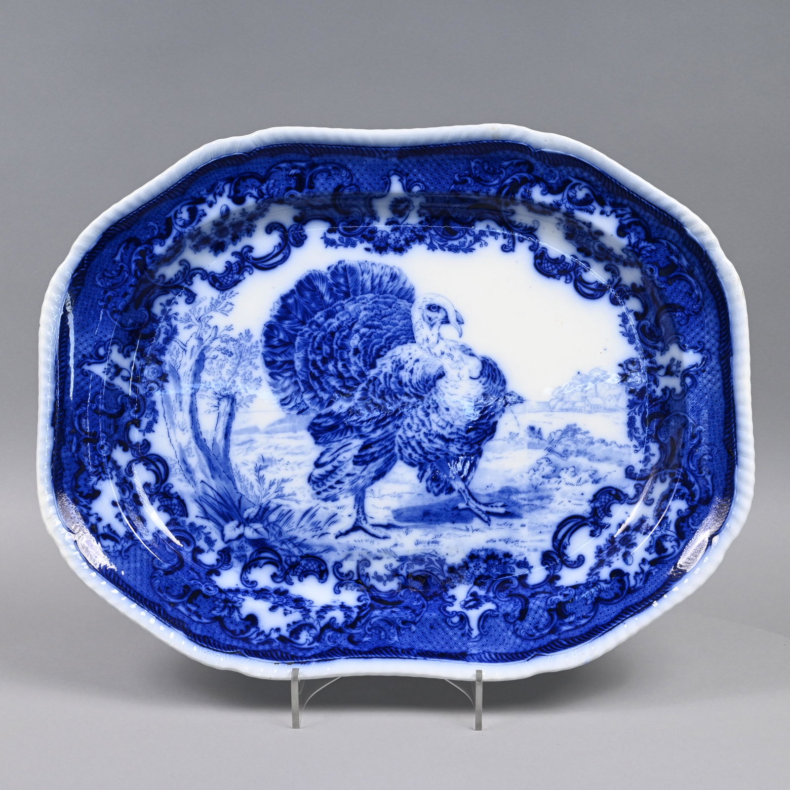 Staffordshire Turkey Platter, W.T. Copeland & Sons: Staffordshire Blue Transfer-Printed 'Turkey' Platter, W.T. Copeland & Sons, After 1891. Printed "W.T. COPELAND & SONS STOKE-ON-TRENT ENGLAND" oval factory mark in underglaze-blue, impressed factory ma