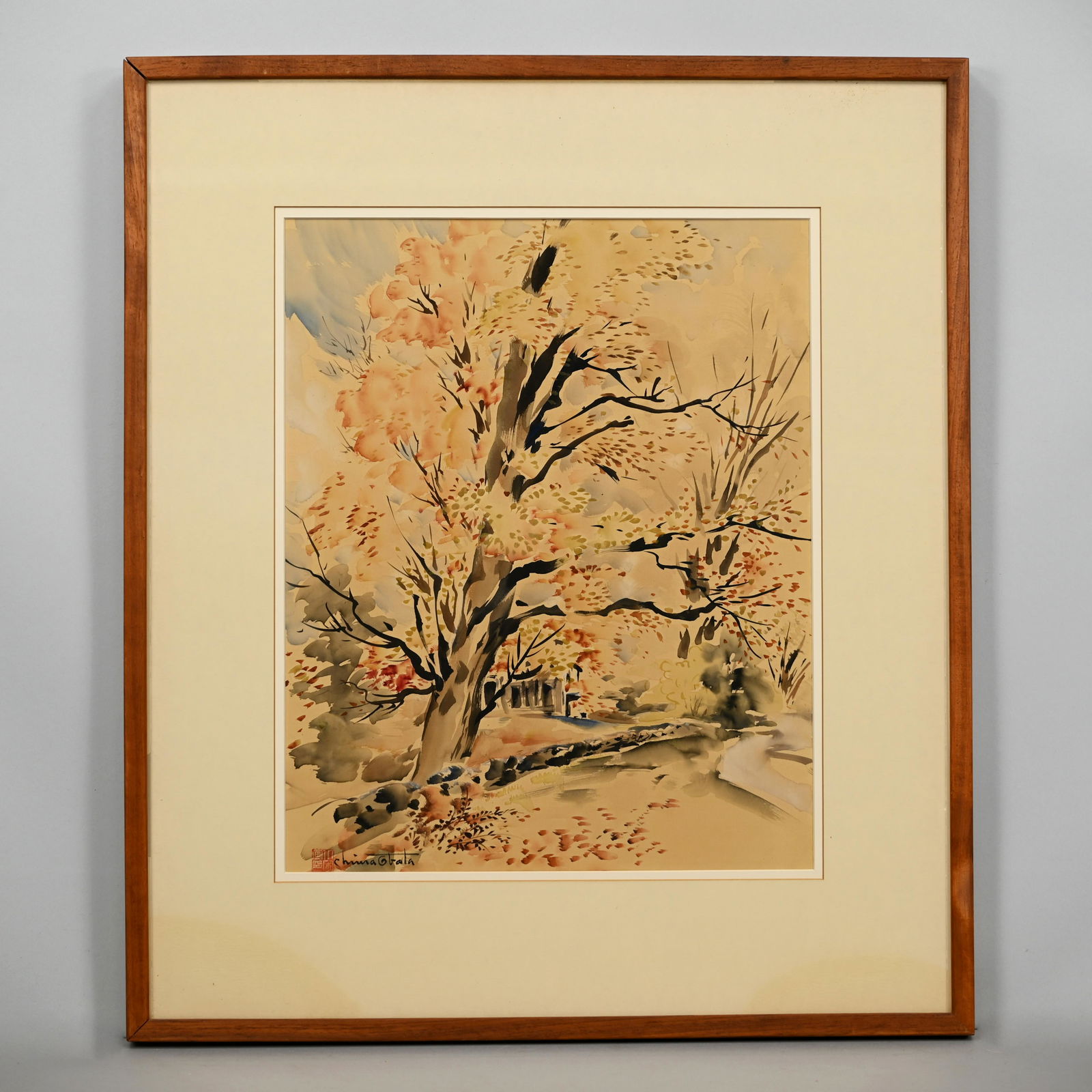 Chiura Obata, Country Road, Concord, 1930's: Chiura Obata (Japanese/American, 1885-1975). "Country Road, Concord," 1930's. Watercolor, (19.25 x 15.625 inches, sight), red ink seal and signed lower left. Frame: 29.125 in., W: 25.125 in., D: 2.125