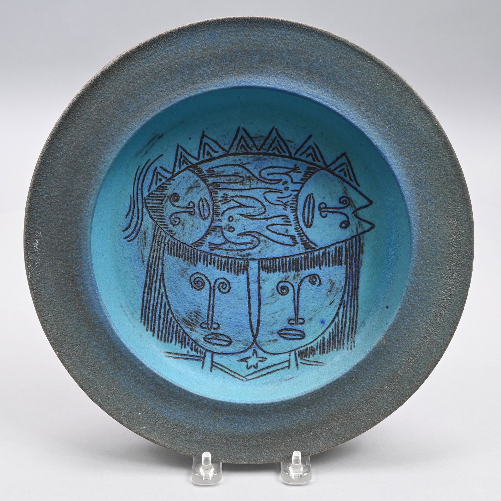 Edwin & Mary Scheier, 'Imagination' Stoneware Bowl: Edwin O. Scheier (1910-2008) and Mary Goldsmith Scheier (1908-2007), Durham, New Hampshire, 1960s. Decorated in sgraffito with two conjoined faces imagining two figures lying inside a fish, covered in