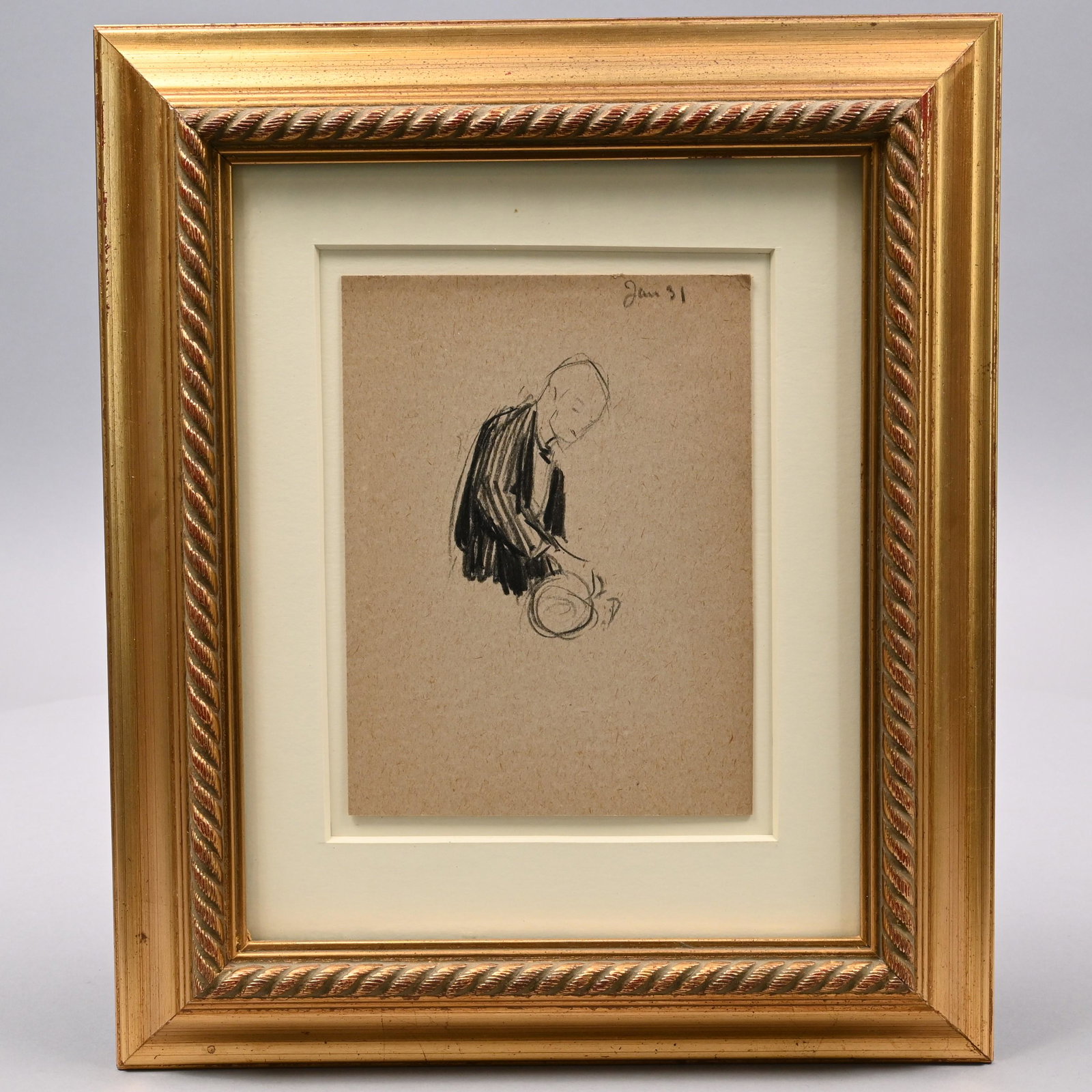 Charles Herbert Woodbury - Waiter Pouring Wine: Charles Herbert Woodbury (American, 1864-1940). "Waiter Pouring Wine," Litho pencil on card, signed "Jan 31" upper right corner (6.5 x 5 inches). Frame: H: 13 in., W: 11 in., D: 1.25 in.