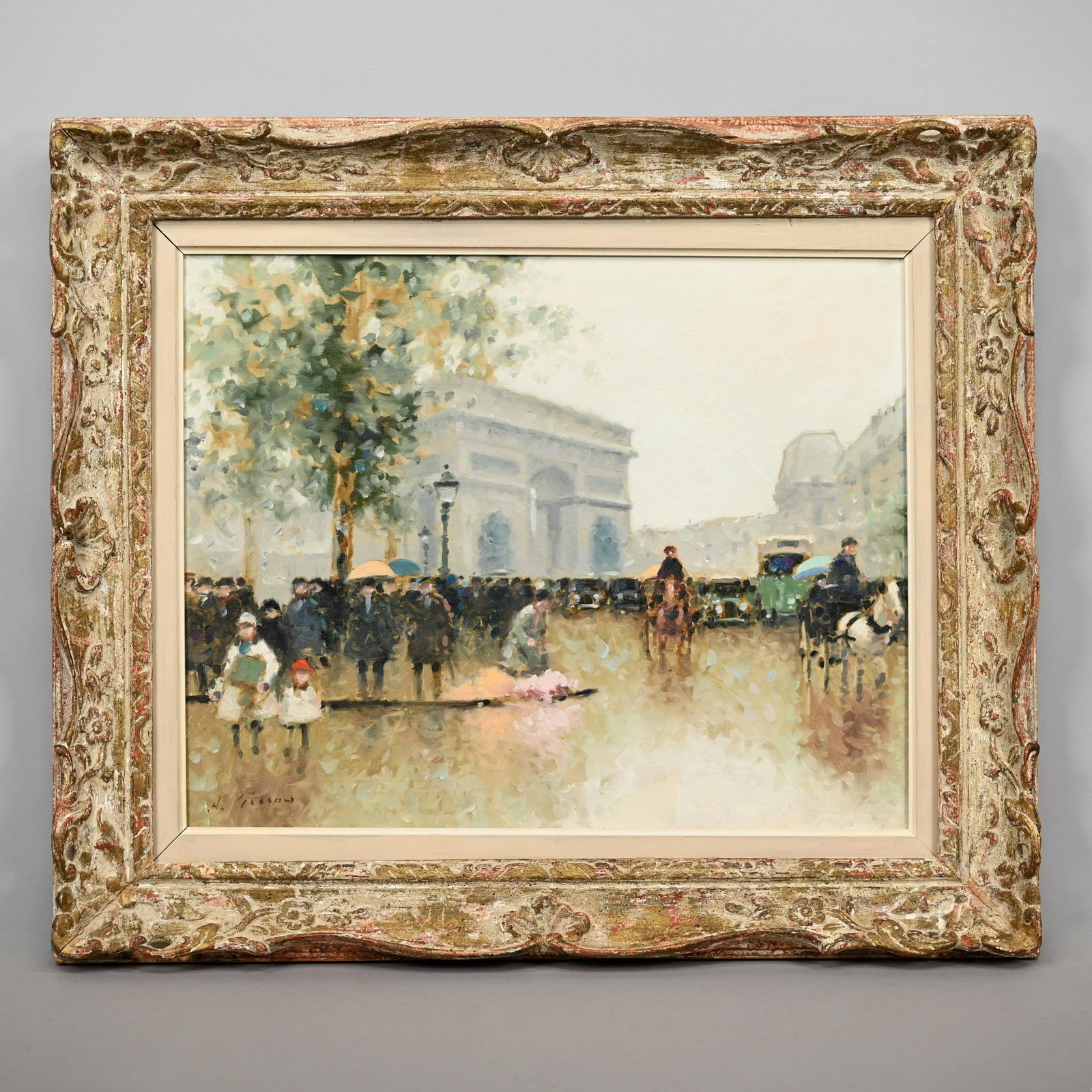 Andre (Gittelson) Gisson - Parisian Street Scene: Andre (Gittelson) Gisson (New York/Connecticut/France, 1921-2003). Parisian Street Scene, oil on canvas, signed "A. GISSON" lower left (16 x 20.5 inches, sight). Frame: H: 22.875 in., W: 26.75 in., W: