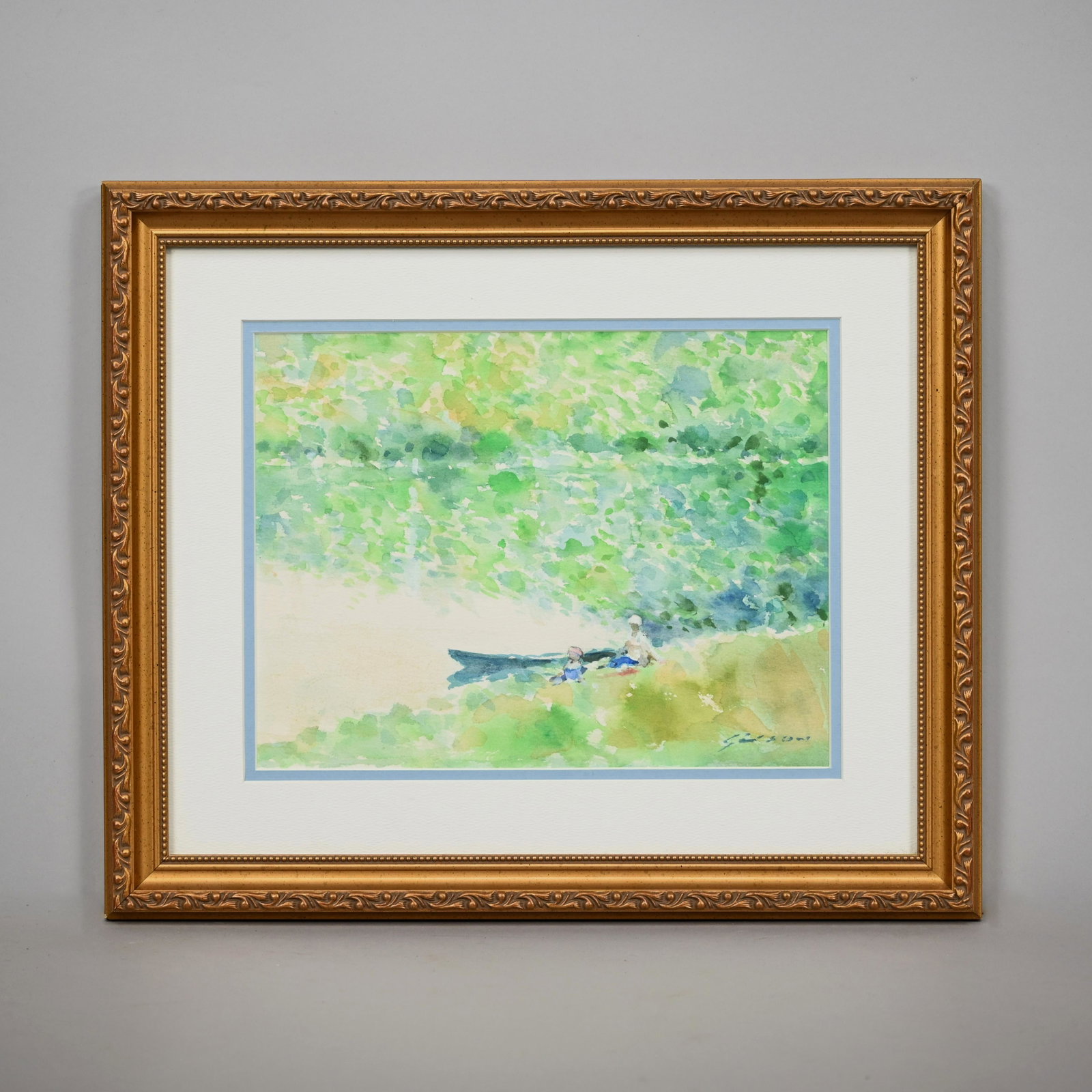 Andre (Gittelson) Gisson - Resting Along the River: Andre (Gittelson) Gisson (New York/Connecticut/France, 1921-2003). Resting Along the River, watercolor, signed "Gisson" lower right (8.75 x 11.5 inches, sight). Frame: H: 15 in., W: 17.75 in., W: 1 in