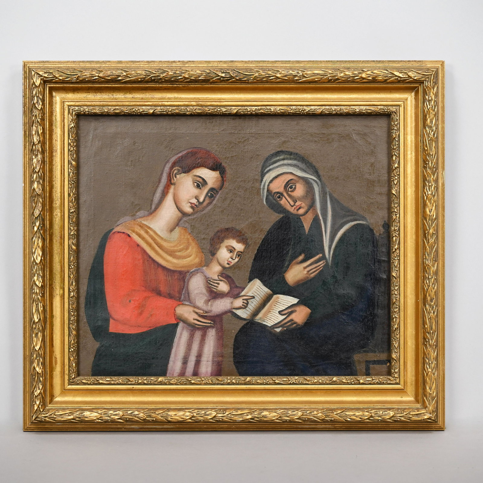 Continental School - Mary, Infant Jesus & St. Anne: Continental School. The Virgin Mary, Infant Jesus and St. Anne. Oil on canvas (15.5 x 18.75 inches). H: 21.5 in., W: 24.5 in., D: 2 in.