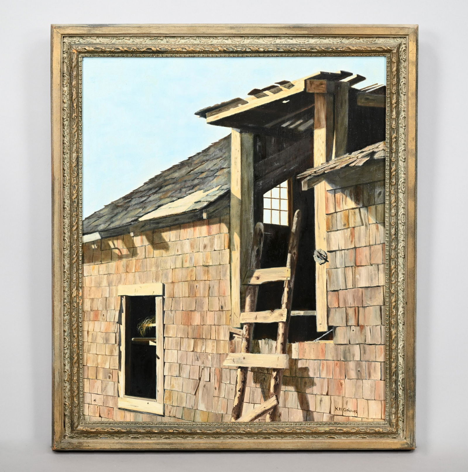 Katherine Newell Grimes - "Charlie's Barn": Katherine Newell Grimes (American, 20th Century). "Charlie's Barn," 1963. Oil on masonite, signed "K.N. Grimes" lower right, inscribed "K.N. Grimes 1963" on the reverse (23.75 x 19.75 inches). Exhibit