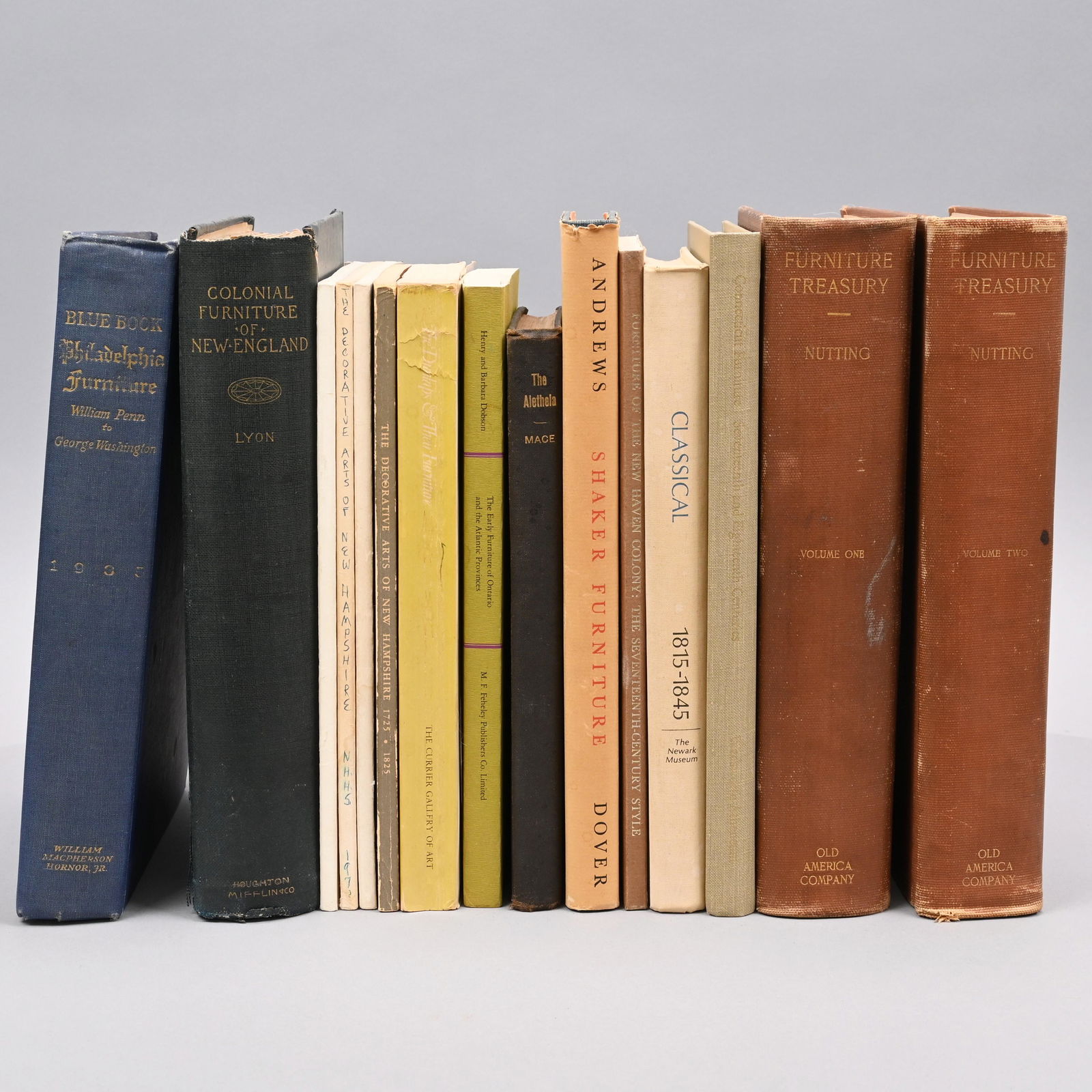 Fifteen Furniture Books & Auction Catalogs: Nineteenth and Twentieth Century. Including Irving Whitall Lyon, M.D., "The Colonial Furniture of New England," 1891; Wallace Nutting, "Furniture Treasury," 1928, Two Volumes. Tallest book: H: 10.75 i