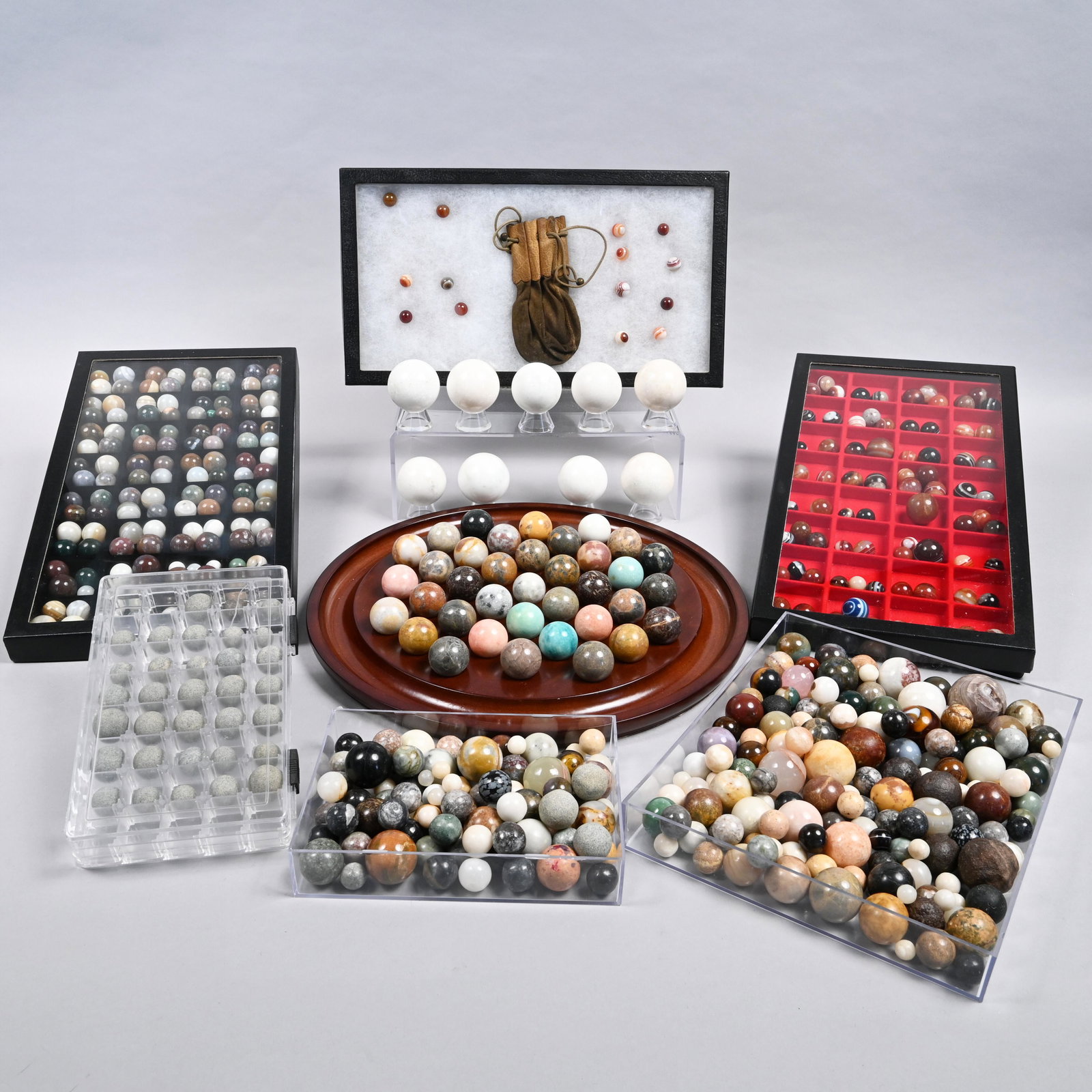 Large Group of Assorted Natural Stone Marbles: Largest white stone marbles diam: 1 121/128 in.