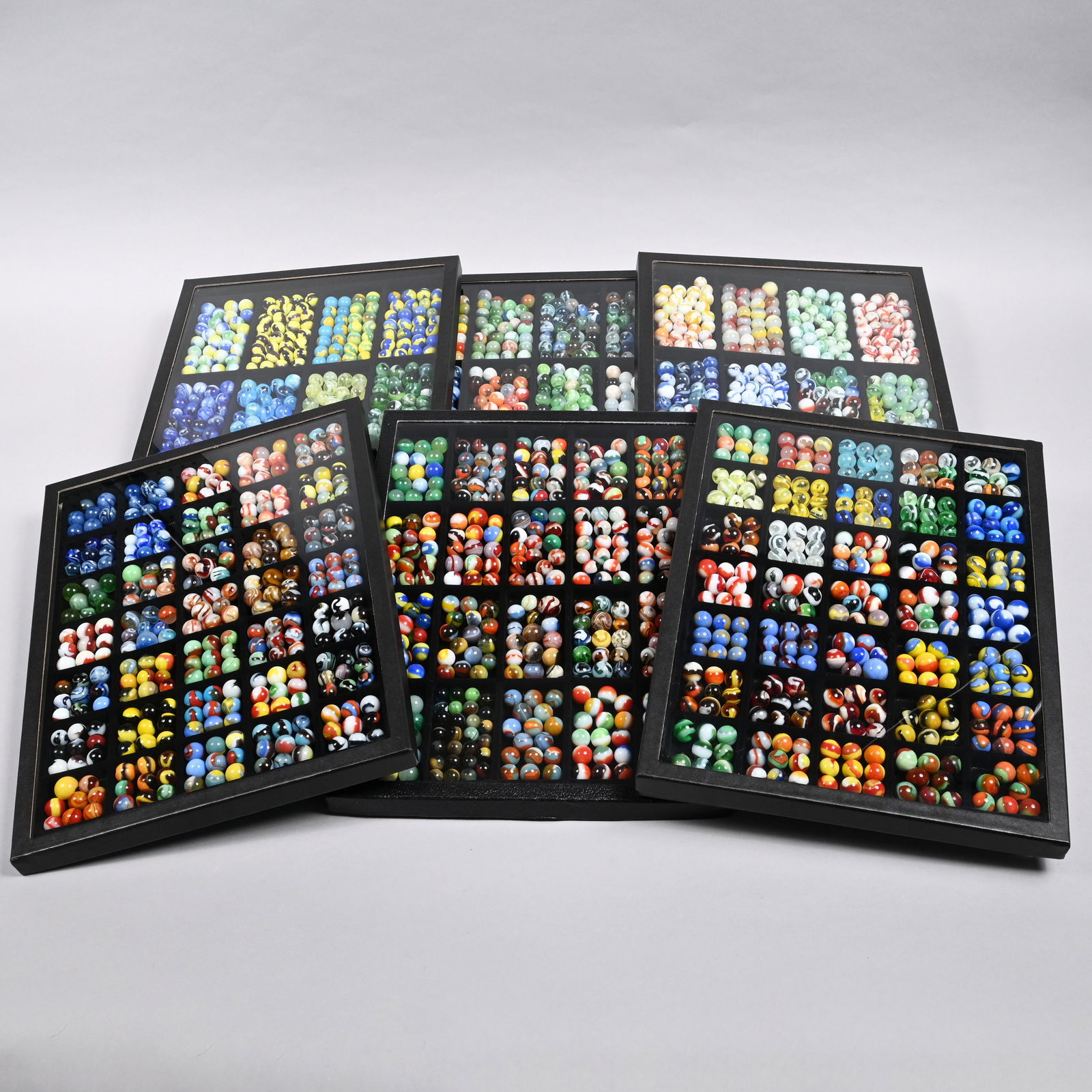 Six Trays of Vintage Machine-Made Marbles: Tray: H: 12.25 in., W: 16.25 in., D: 1 in.