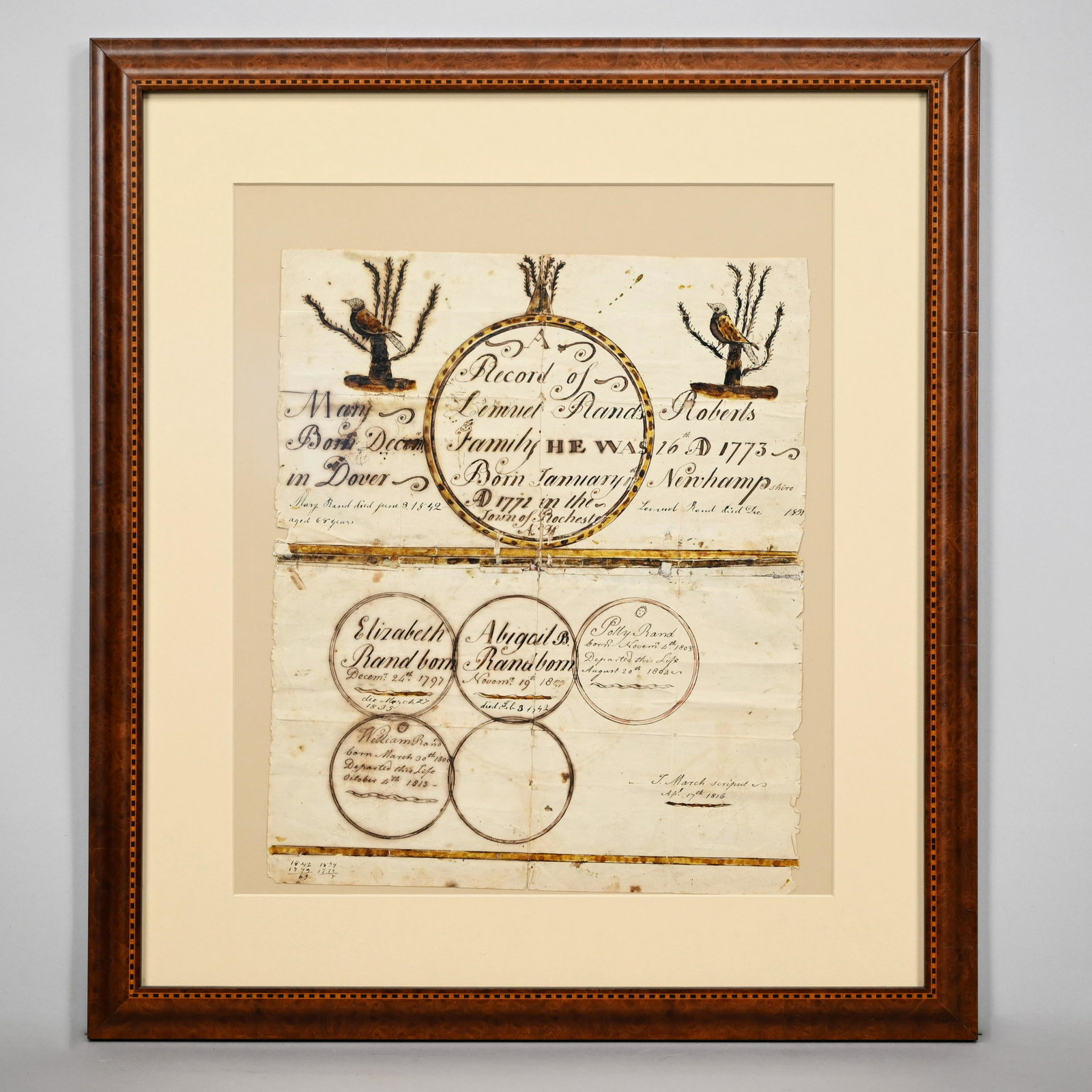 Lemuel Rand's Family Tree, Rochester,New Hampshire: Painted in yellow and black at each upper corner with a bird perched in a stylized thorny tree, centering a roundel inscribed "A Record of Lemuel Rand's Family HE WAS Born January 17th AD 1772 in the 