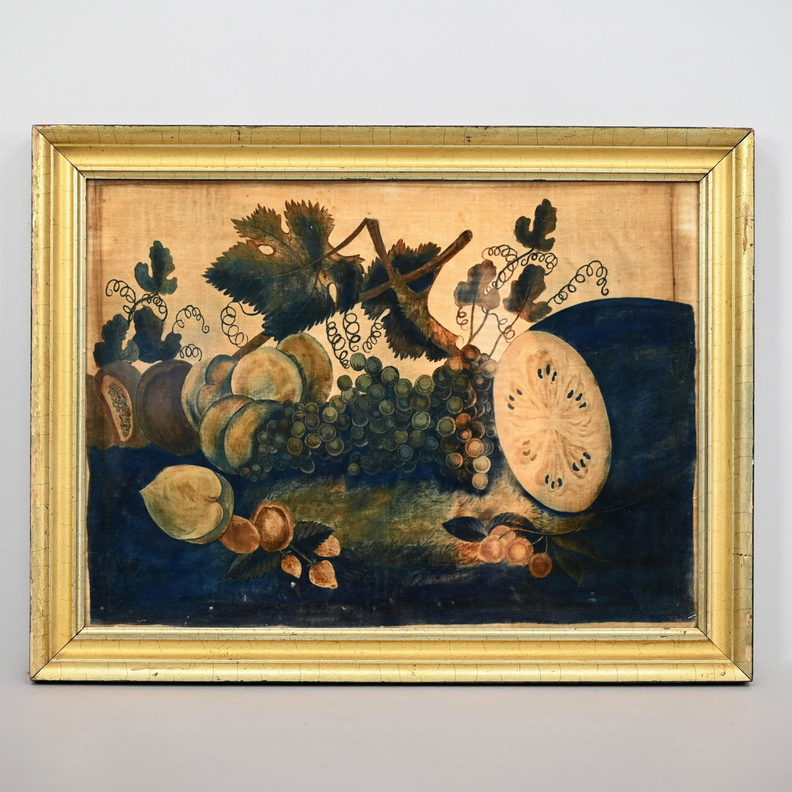 American School - Theorem on Velvet: American School. Watercolor Theorem on Velvet, Nineteenth Century (17.125 x 23.25 inches, sight); housed in a lemon gold frame. Provenance: Russell Carrell (1998), Salisbury, Connecticut and St. Kitts