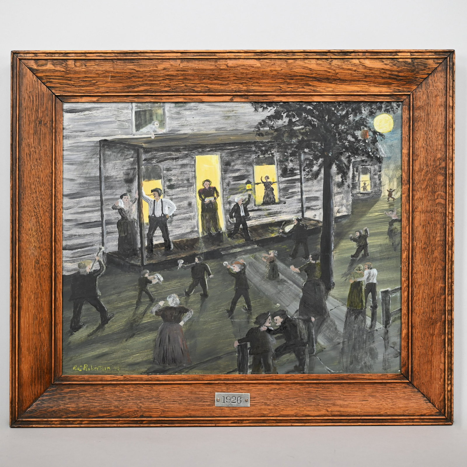 Fred E. Robertson - "Neighborhood Shivaree," 1945: Fred E. Robertson (American, b. 1878). "Neighborhood Shivaree," 1945, oil on masonite, signed "F.E. Robertson 45" lower left, (16 x 20 inches), inscribed in pencil on the reverse "PAINTED BY GRANDMA M