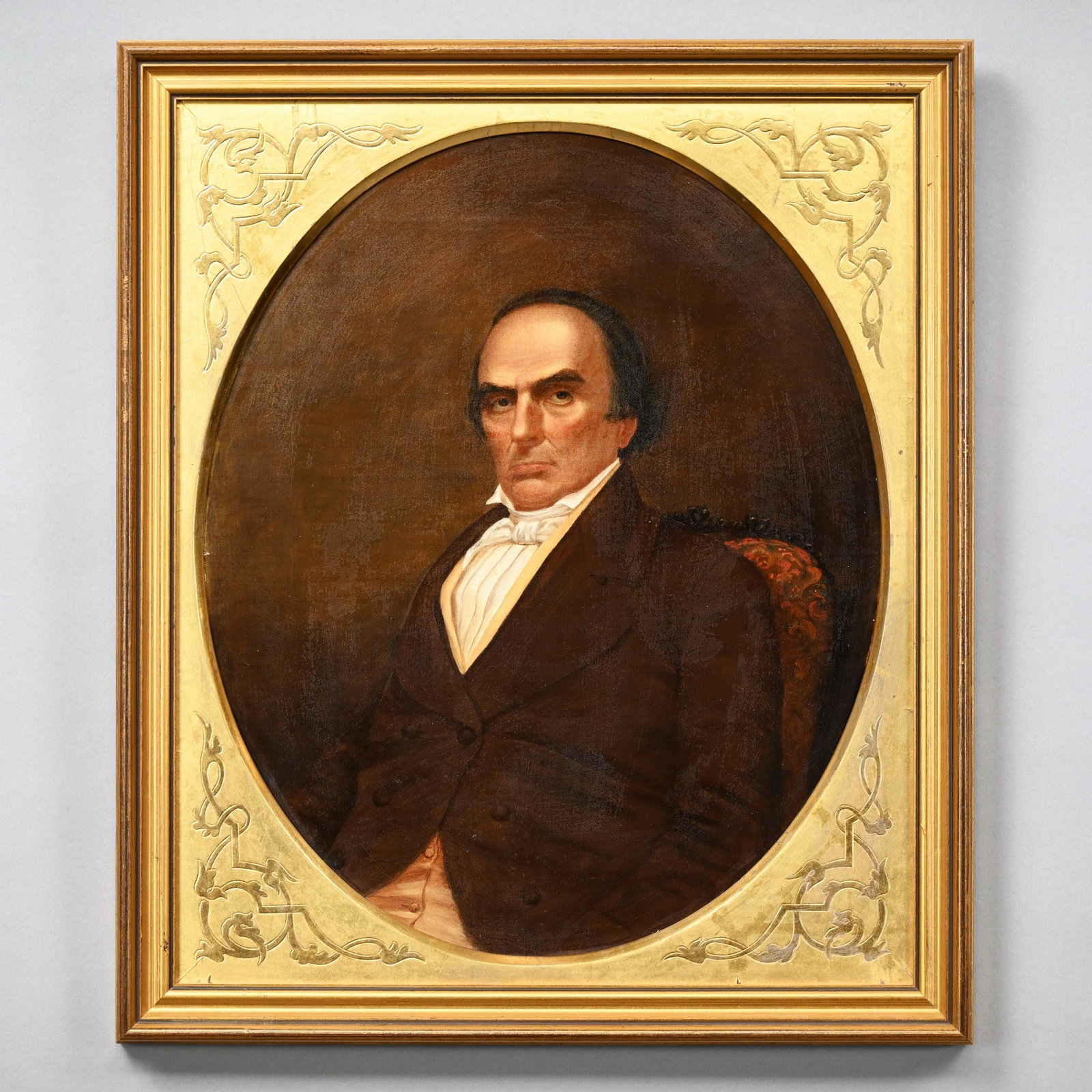 Portrait of Daniel Webster, Nineteenth Century: American School portrait depicting the American statesman seated with brown jacket, white necktie and shirt, oil on canvas (17 x 14 inches); mounted within a modern frame with period carved giltwood o