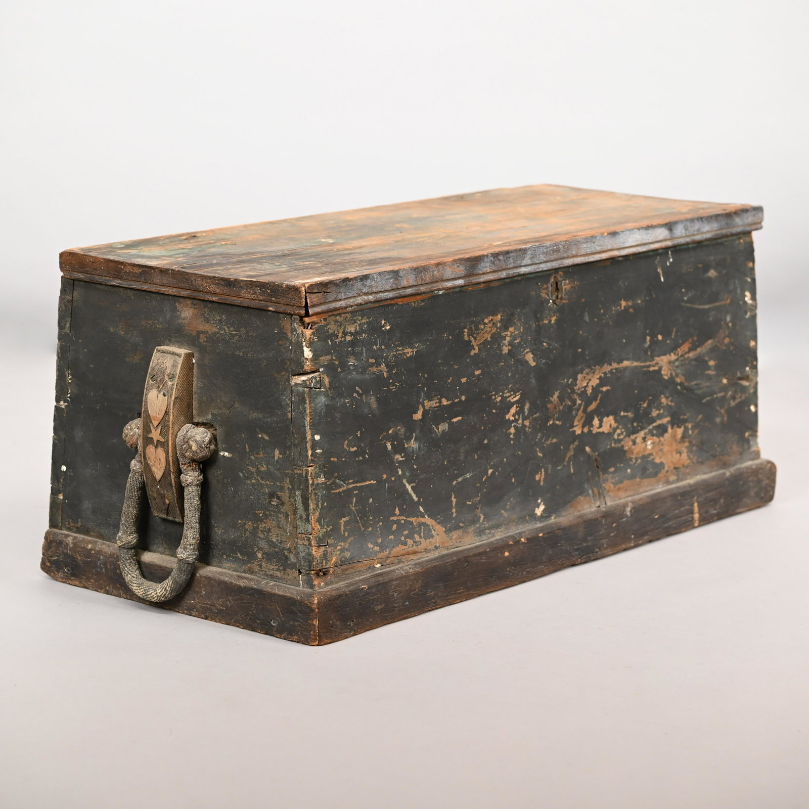 Carved and Painted Pine Sea Chest: The rectangular lid opening to the interior fitted with a till, the lid later carved with a pair of stars and "GEORGE A. SMITH," above a painted three-masted ship, iron hinges. H: 15.5 in., W: 37.5 in