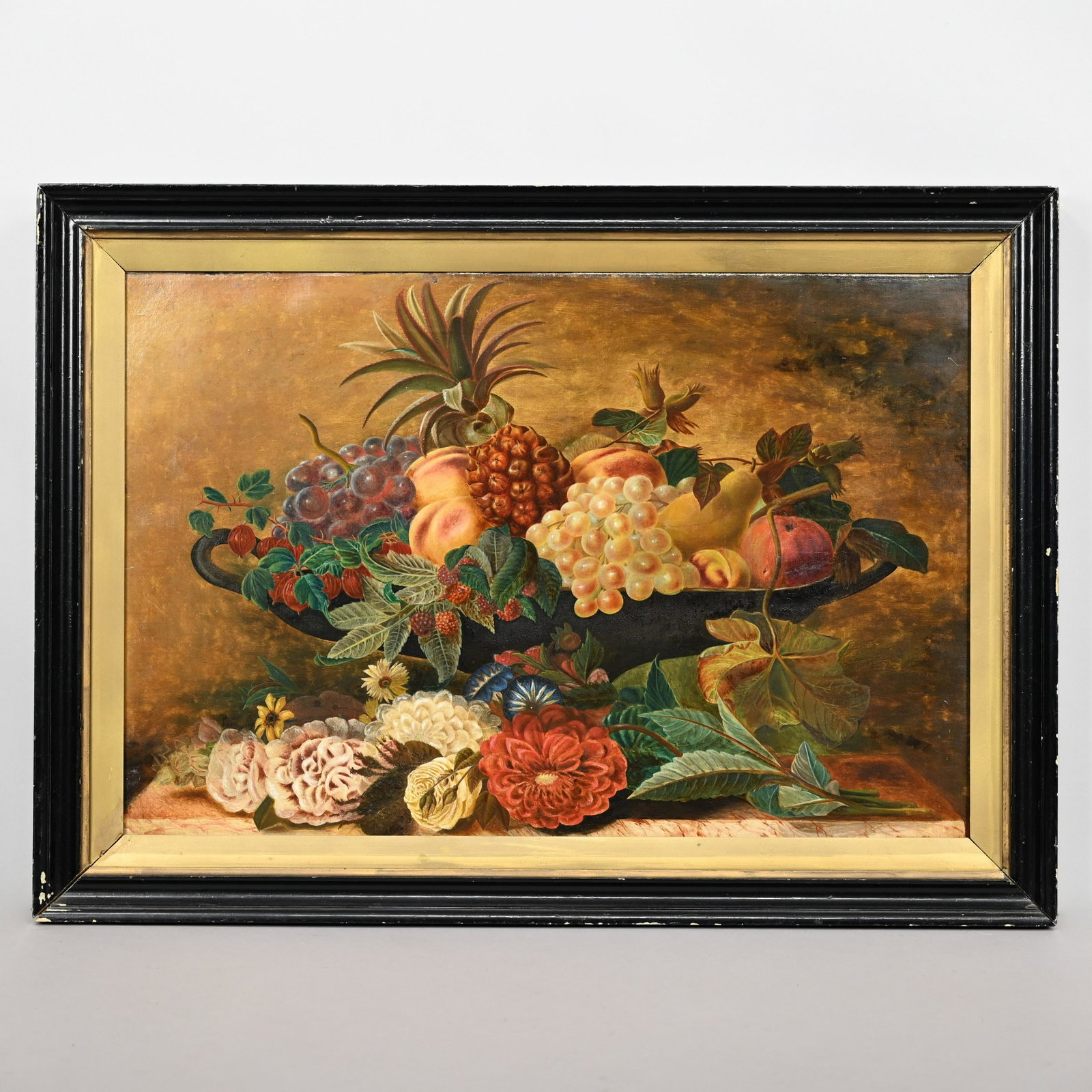 American School - Still Life with Bowl of Fruit: American School. Still Life with Bowl of Fruit, Nineteenth Century. Oil on canvas (20.375 x 30.375 inches, sight); housed in an ebonized wood frame. Frame: H: 25.625 in., W: 35.5 in., D: 1.375 in.