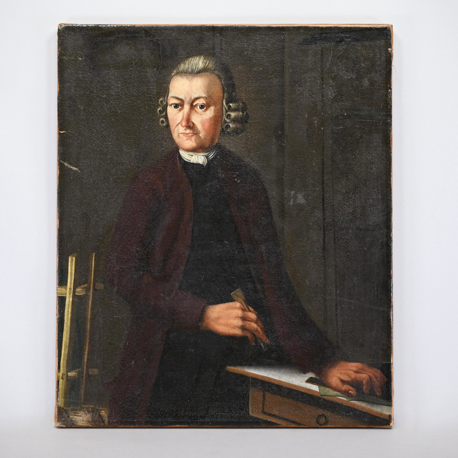 American School - Portrait of a Glazier: American School. Portrait of a Gentleman Glazer, Late Late Eighteenth Century. Oil on canvas, the gentleman depicted In the act of cutting a piece of glass, unsigned. H: 23.75 in., W: 20 in., D: 1 in.