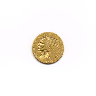 1927 $2 1/2 Indian Head Quarter Eagle Gold Coin: 1927 $2 1/2 Indian Head Quarter Eagle Gold Coin, designed by Bela Lyon Pratt, 18.0mm, 4.18 g., 90% gold, 10% copper, mint Philadelphia, mintage 388,000.