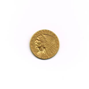 1914 $2 1/2 Indian Head Quarter Eagle Gold Coin: 1914 $2 1/2 Indian Head Quarter Eagle Gold Coin, designed by Bela Lyon Pratt, 18.0mm, 4.18 g., 90% gold, 10% copper, mint Philadelphia, mintage 240,000.