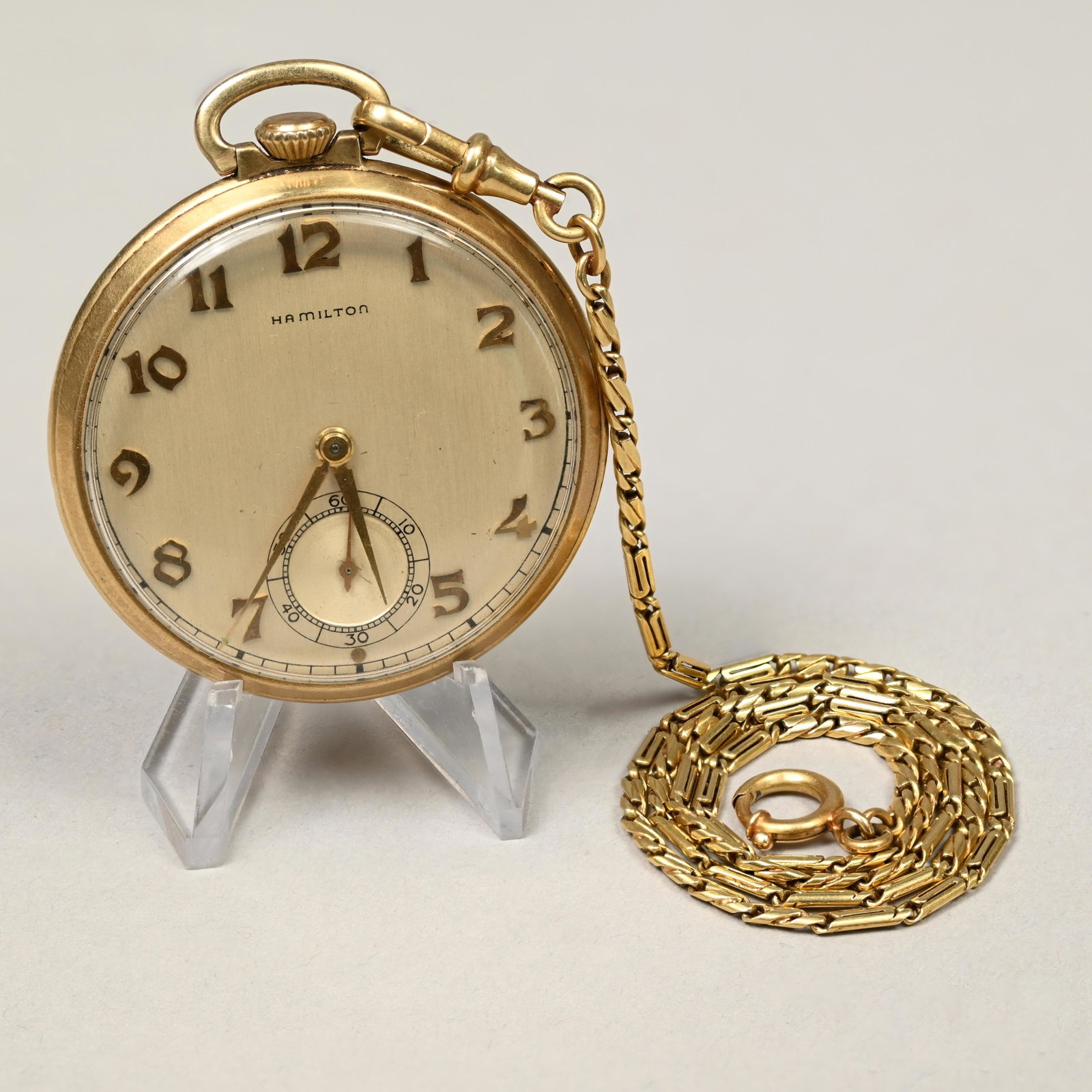 Hamilton 14k Yellow Gold Open Face Pocket Watch: Hamilton 14k Yellow Gold Open Face Pocket Watch, Hamilton Watch Co., Lancaster, Pennsylvania. Serial number H43742, marked "HAMILTON U.S.A., 5 POSITIONS, 21 JEWELS, 921;" the interior of the back mark