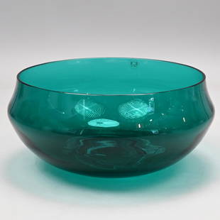 Laura Diaz de Santillana for EOS Murano Glass Bowl: Laura Diaz de Santillana for EOS Murano Teal Glass Bowl, Venice, Italy, 1984. Of bombe form, etched "EOS," "84," "LS" and "Made in Murano," affixed with an "EOS ITALIA" clear plastic label. H: 4.75 in