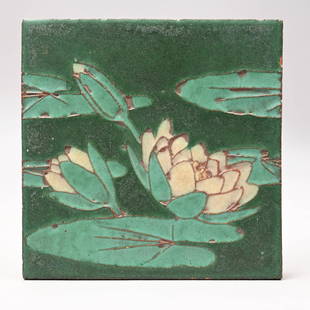 Grueby Faience Company Water Lilies Tile, C. 1915: Grueby Faience Company Water Lilies Tile, Circa 1915. Decorated in cuenca, stamped "GRUEBY BOSTON." H: 6.125 in., W: 6.125 in., D: 1 in.