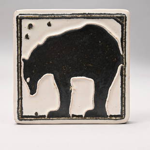 Arts & Crafts Pottery Tube-Lined Tile: Arts & Crafts Pottery Tile, Attributed to the Wheatley Pottery Company, Cincinnati, Ohio. Tube-lined with a bear in black and white. H: 6 in., W: 6.125 in., D: .75 in.