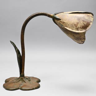 McClelland Barclay Metal 'Crocus' Lamp, 1935: McClelland Barclay Patinated-Metal 'Crocus' Table Lamp, 1935. Stamped "McClelland Barclay copyright" in raised letters on the edge of the base. H: 18.25 in., W: 14.75 in., D: 6.75 in.