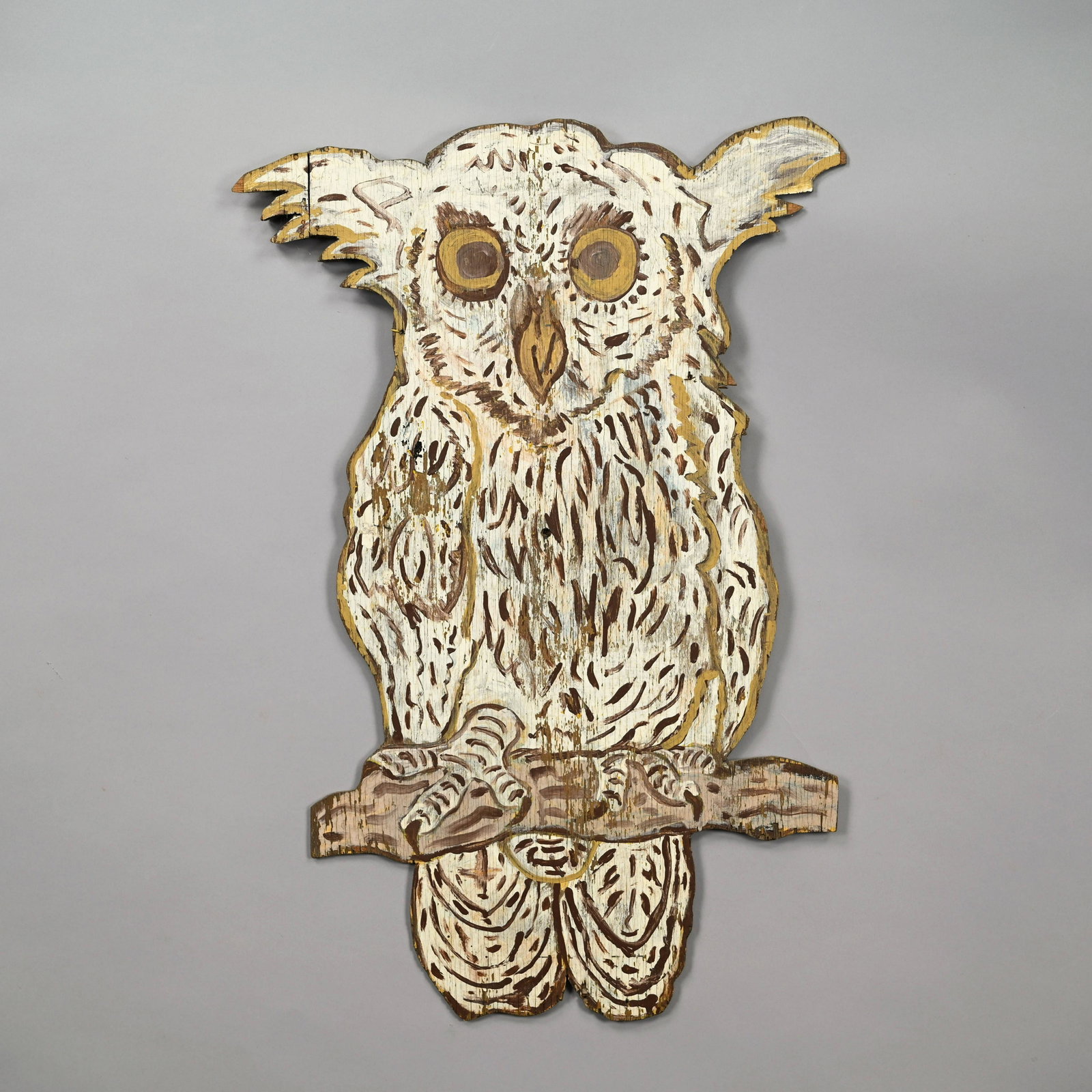 Painted Plywood Long-Eared Owl Sign, 20th Century: Painted Plywood Long-Eared Owl Sign, Twentieth Century. In white and shades of brown and yellow paint. H: 28 in., W: 18.875 in., D: .75 in.