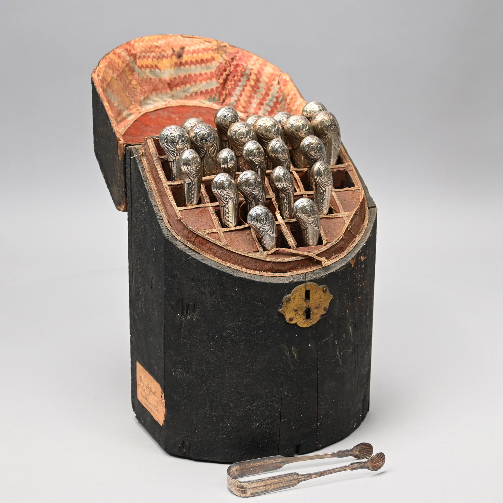 Ben.Goodhue's Shagreen Cutlery Box, Forks,Knives: Benjamin Goodhue's Black Shagreen, Wood and Brass-Mounted Cutlery Box, Fitted with a Set of Eleven Sheffield Plate Pistol-Handled Forks and Knives, and a Pair of Sugar Nippers, 1760-1890. The slant li